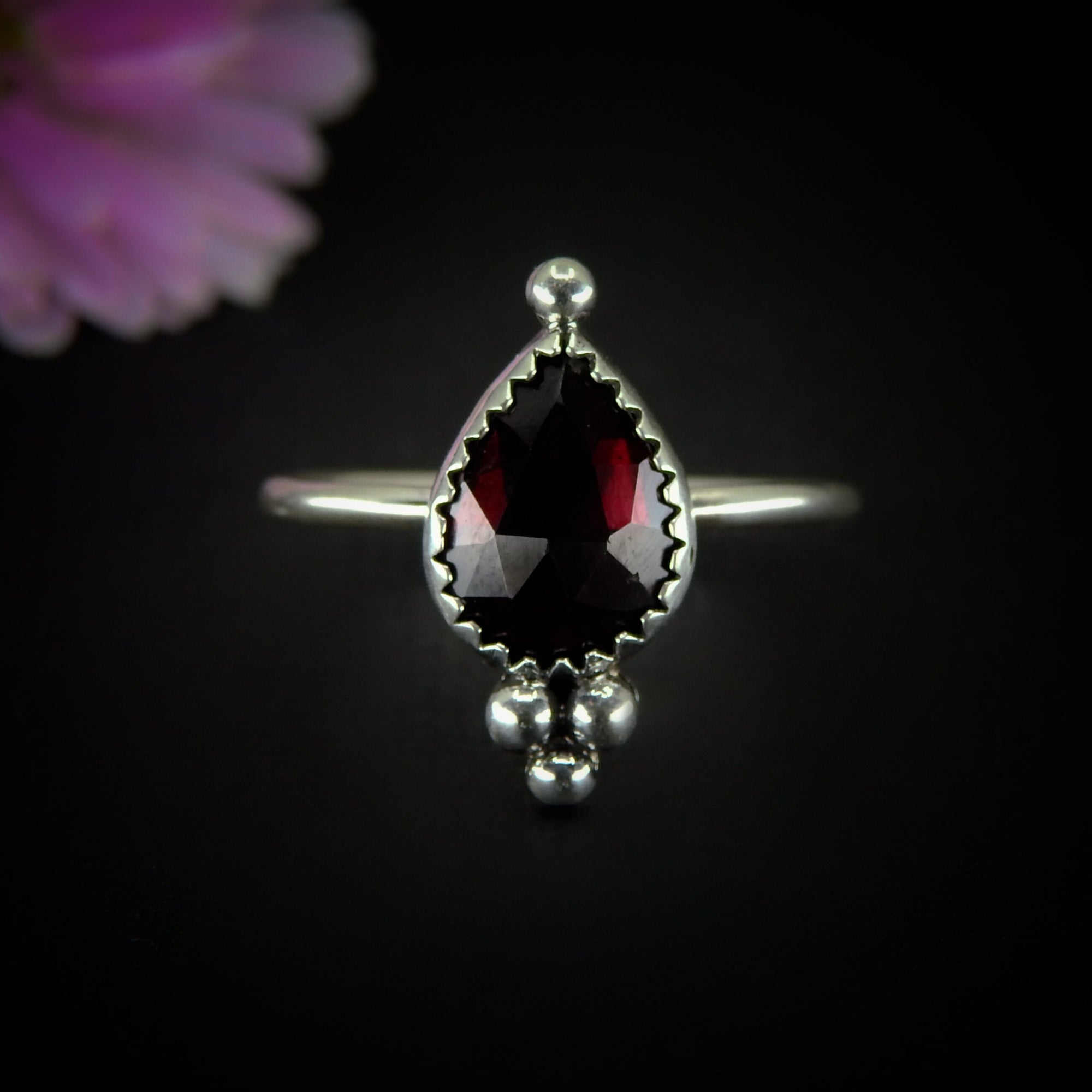 Rose Cut Rhodolite Garnet Ring - Size 9 - Sterling Silver - Faceted Garnet Jewelry - Pink Garnet Jewellery - Dainty Garnet Ring - Red Garnet
