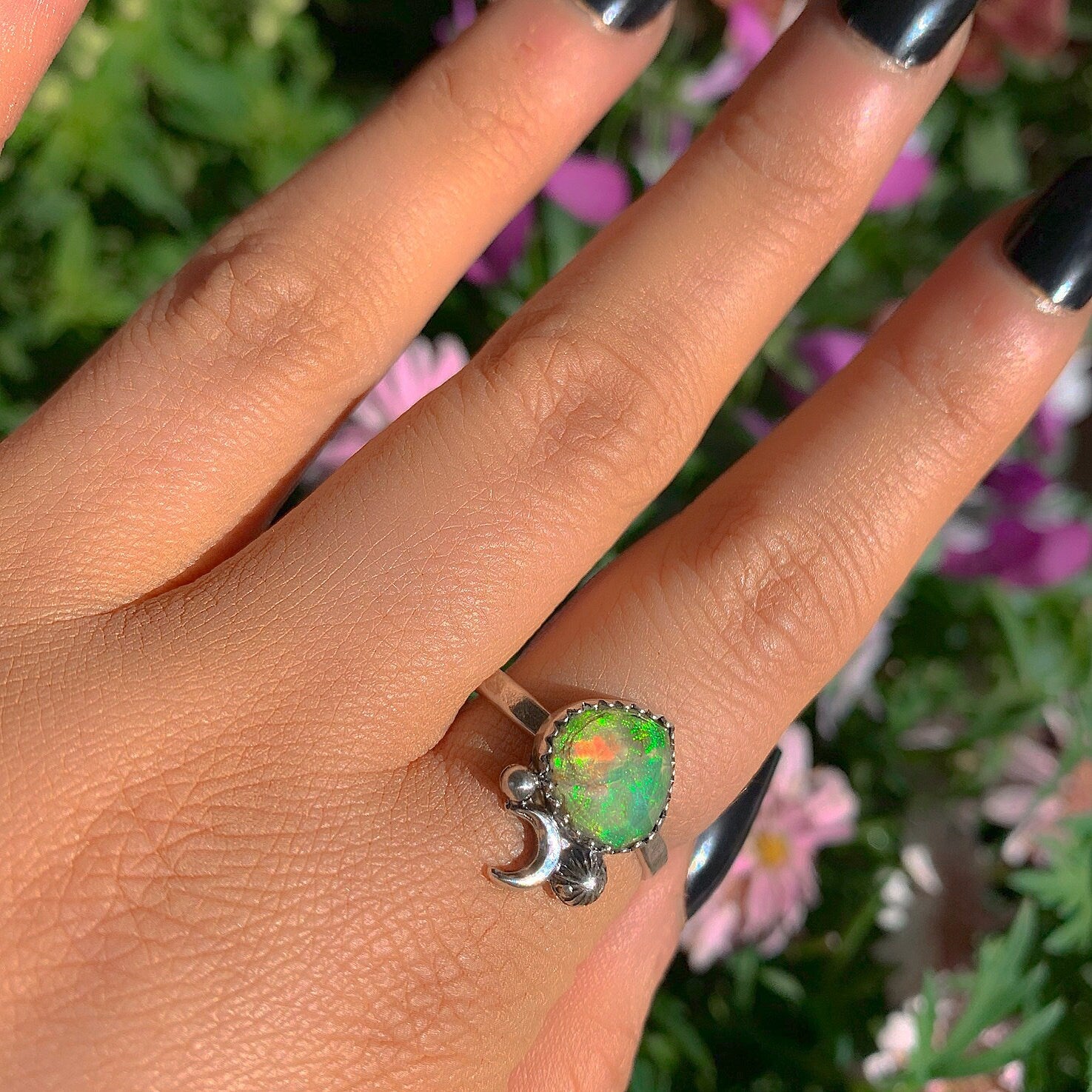 Rose Cut Clear Quartz & Monarch Opal Ring - Size 13 1/2 - Sterling Silver - Rainbow Opal Jewellery - Sterling Opal Crescent Moon Ring - OOAK