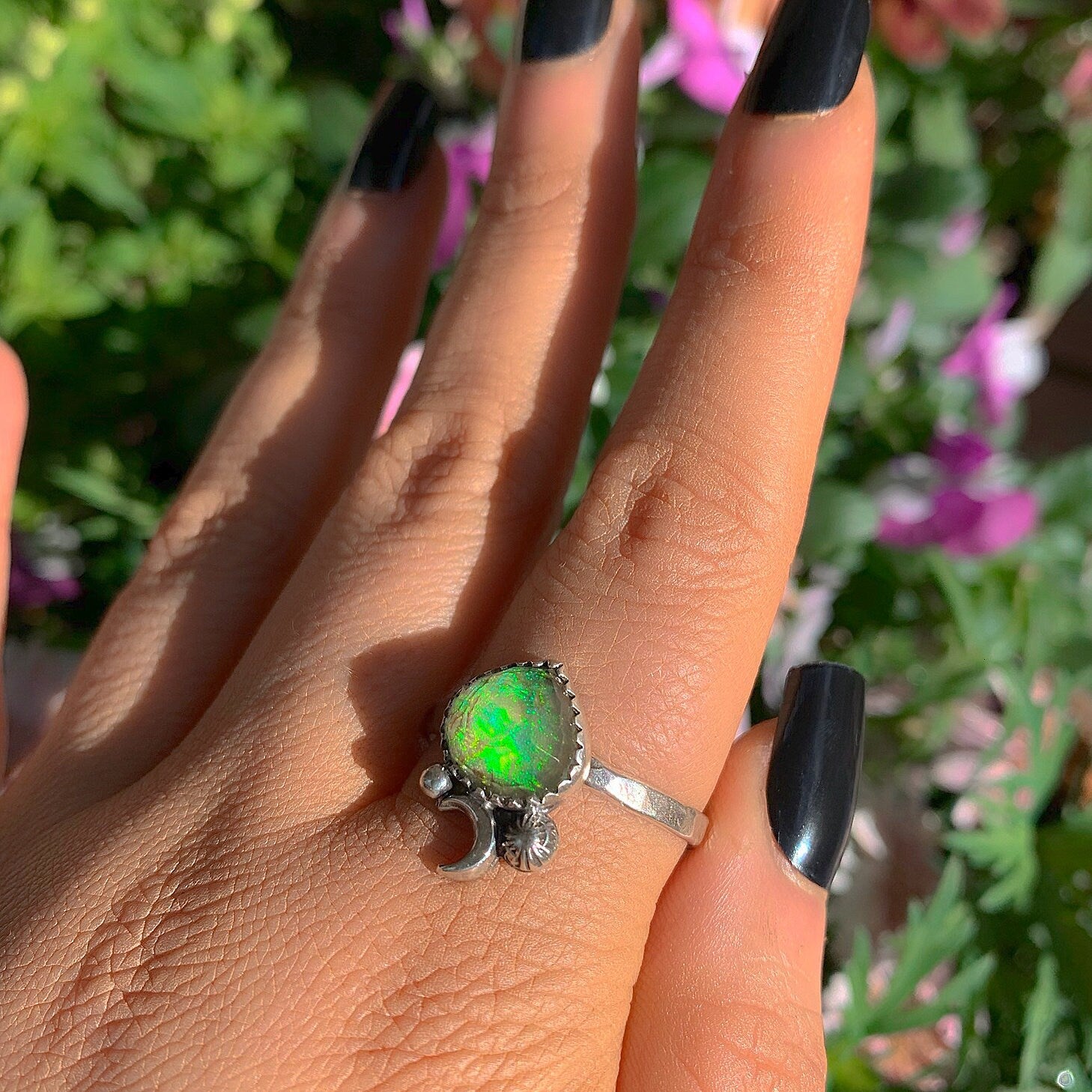 Rose Cut Clear Quartz & Monarch Opal Ring - Size 13 1/2 - Sterling Silver - Rainbow Opal Jewellery - Sterling Opal Crescent Moon Ring - OOAK