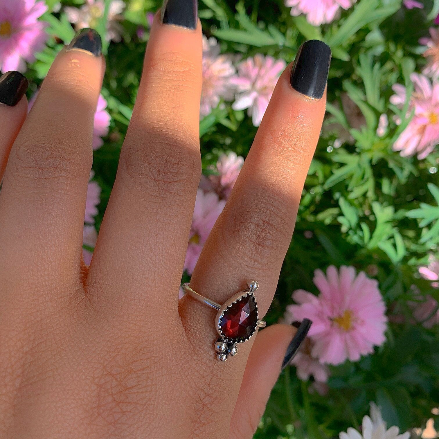 Rose Cut Rhodolite Garnet Ring - Size 9 - Sterling Silver - Faceted Garnet Jewelry - Pink Garnet Jewellery - Dainty Garnet Ring - Red Garnet