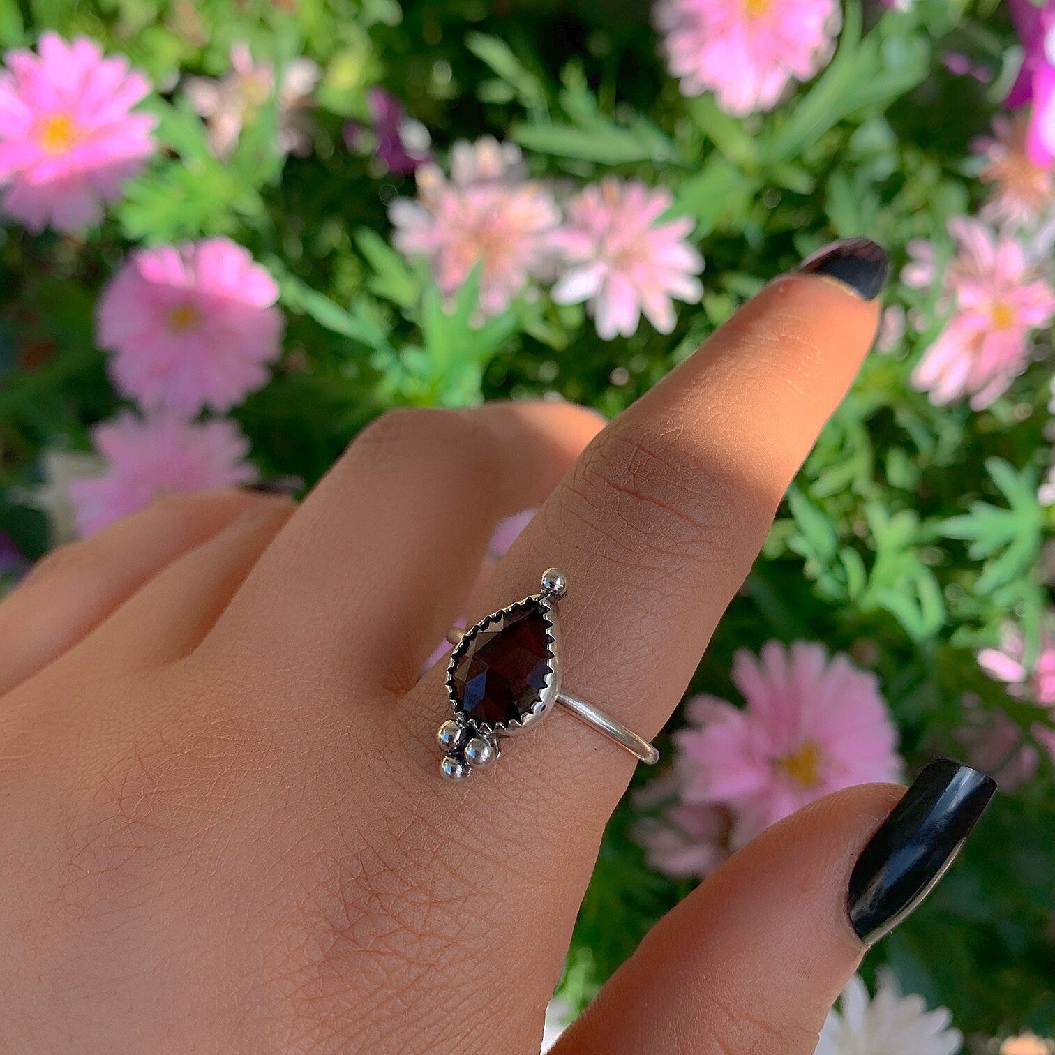 Rose Cut Rhodolite Garnet Ring - Size 9 - Sterling Silver - Faceted Garnet Jewelry - Pink Garnet Jewellery - Dainty Garnet Ring - Red Garnet