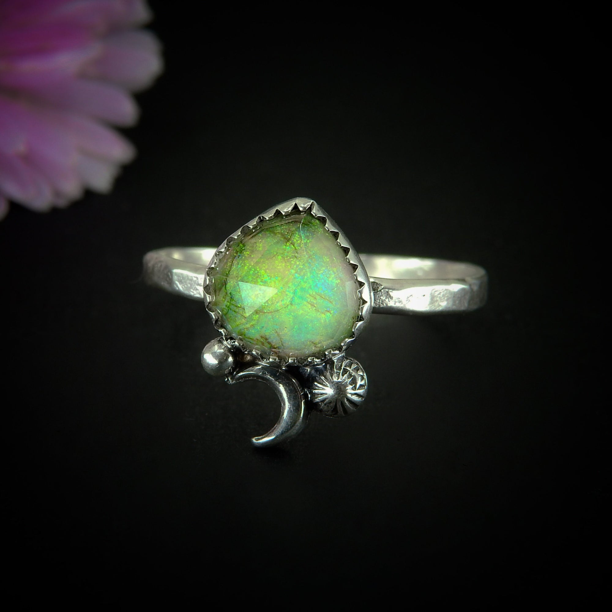 Rose Cut Clear Quartz & Monarch Opal Ring - Size 13 1/2 - Sterling Silver - Rainbow Opal Jewellery - Sterling Opal Crescent Moon Ring - OOAK