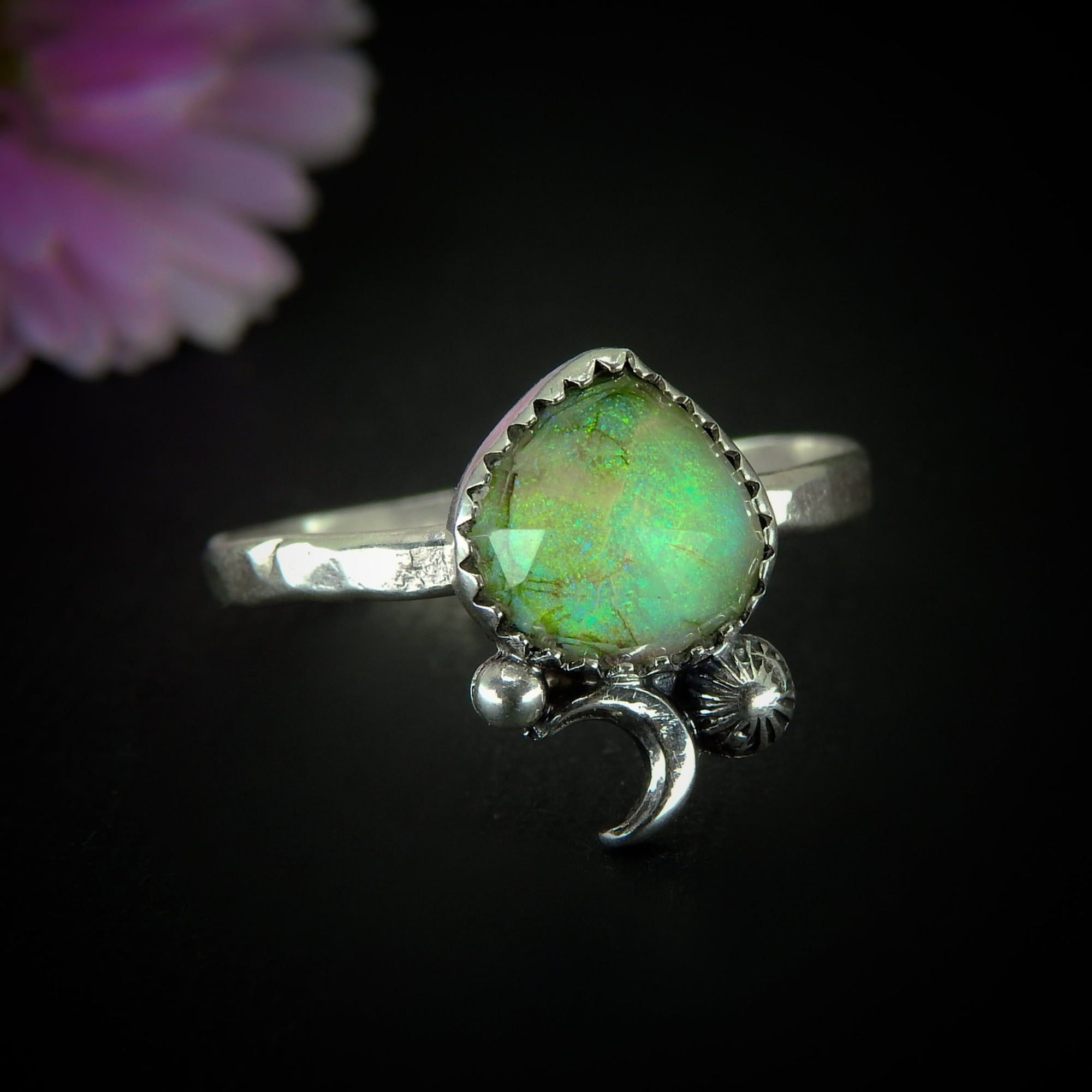 Rose Cut Clear Quartz & Monarch Opal Ring - Size 13 1/2 - Sterling Silver - Rainbow Opal Jewellery - Sterling Opal Crescent Moon Ring - OOAK