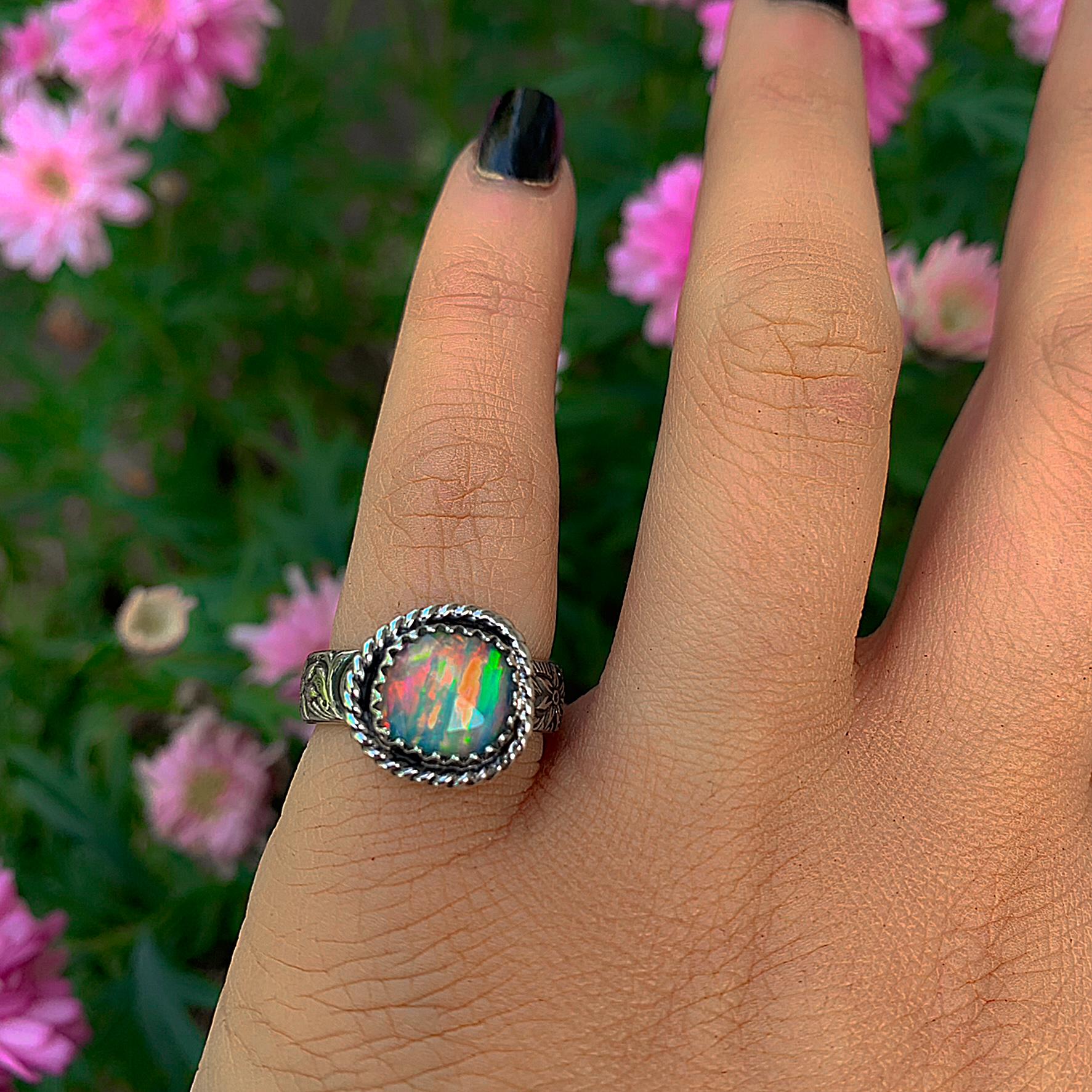 Rose Cut Clear Quartz & Aurora Opal Ring - Size 5 1/4 - Sterling Silver - Rainbow Opal Jewellery - Thick Floral Ring Band Rainbow Crystal