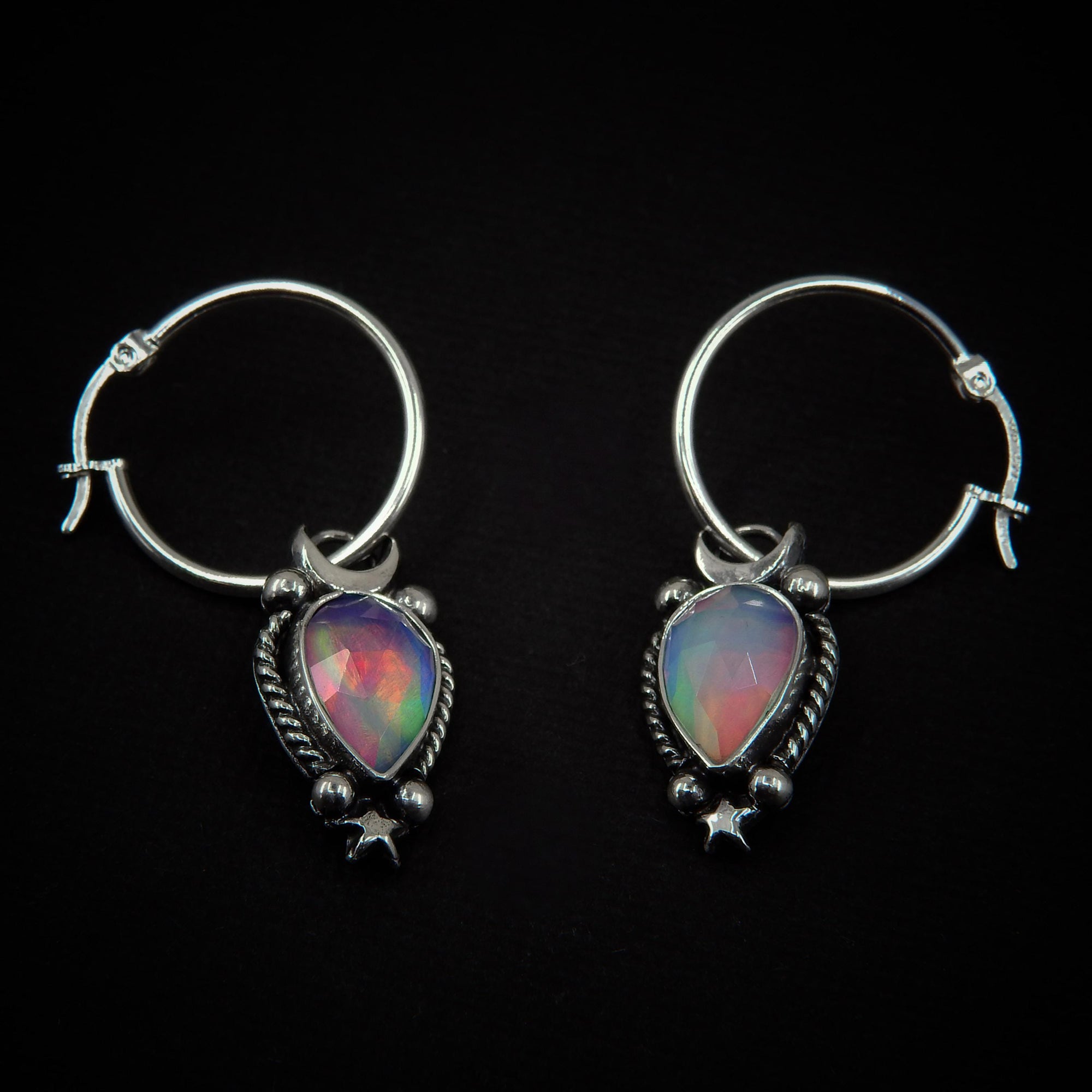 Rose Cut Clear Quartz with Aurora Opal Earrings - Sterling Silver, Pastel Rainbow Opal Crescent Moon Earrings, Rainbow Crystal Stone Dangles