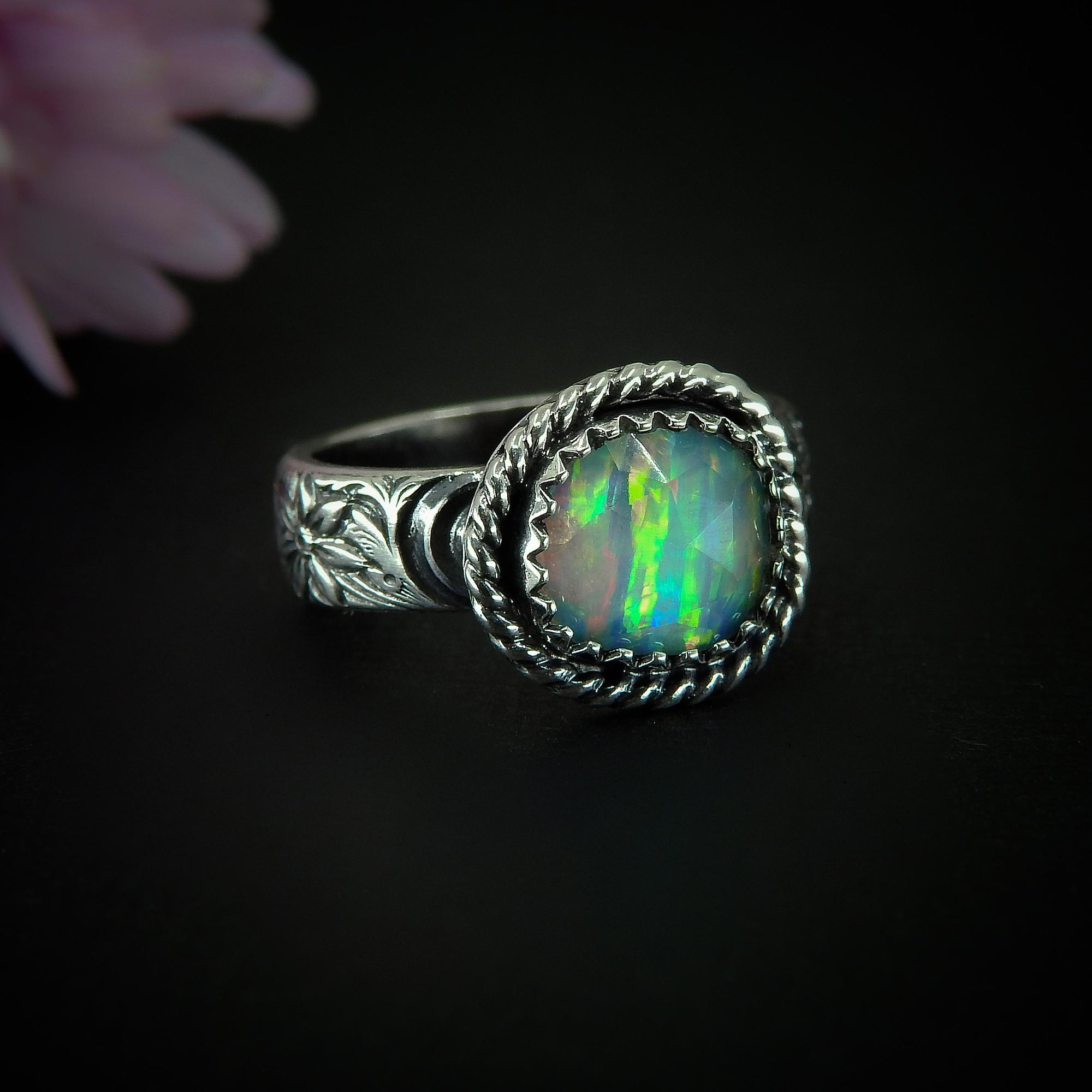 Rose Cut Clear Quartz & Aurora Opal Ring - Size 5 1/4 - Sterling Silver - Rainbow Opal Jewellery - Thick Floral Ring Band Rainbow Crystal