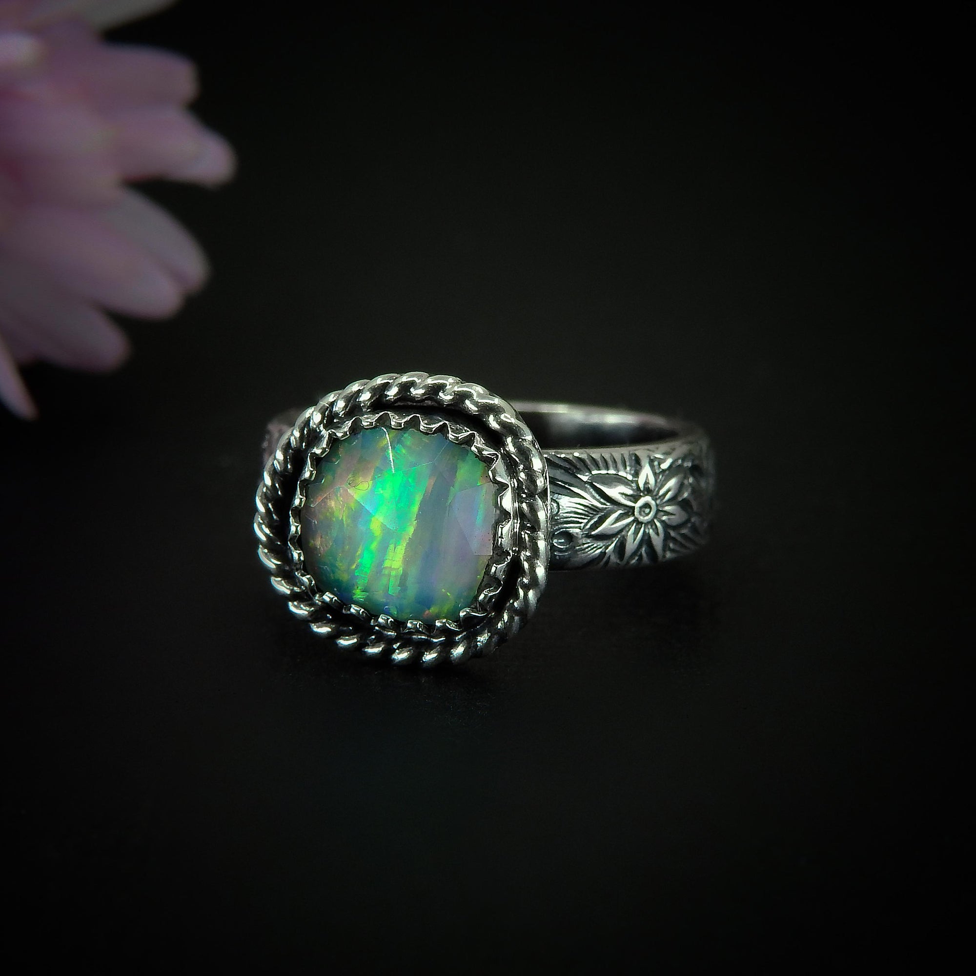 Rose Cut Clear Quartz & Aurora Opal Ring - Size 5 1/4 - Sterling Silver - Rainbow Opal Jewellery - Thick Floral Ring Band Rainbow Crystal