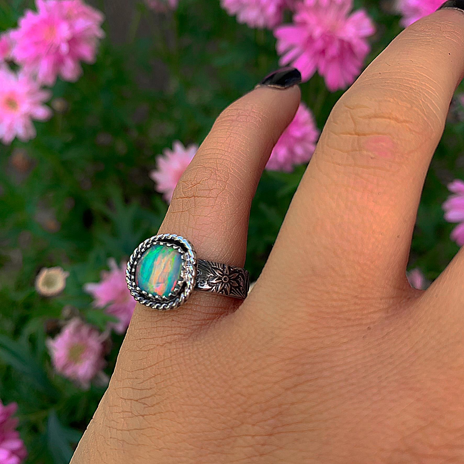 Rose Cut Clear Quartz & Aurora Opal Ring - Size 5 1/4 - Sterling Silver - Rainbow Opal Jewellery - Thick Floral Ring Band Rainbow Crystal