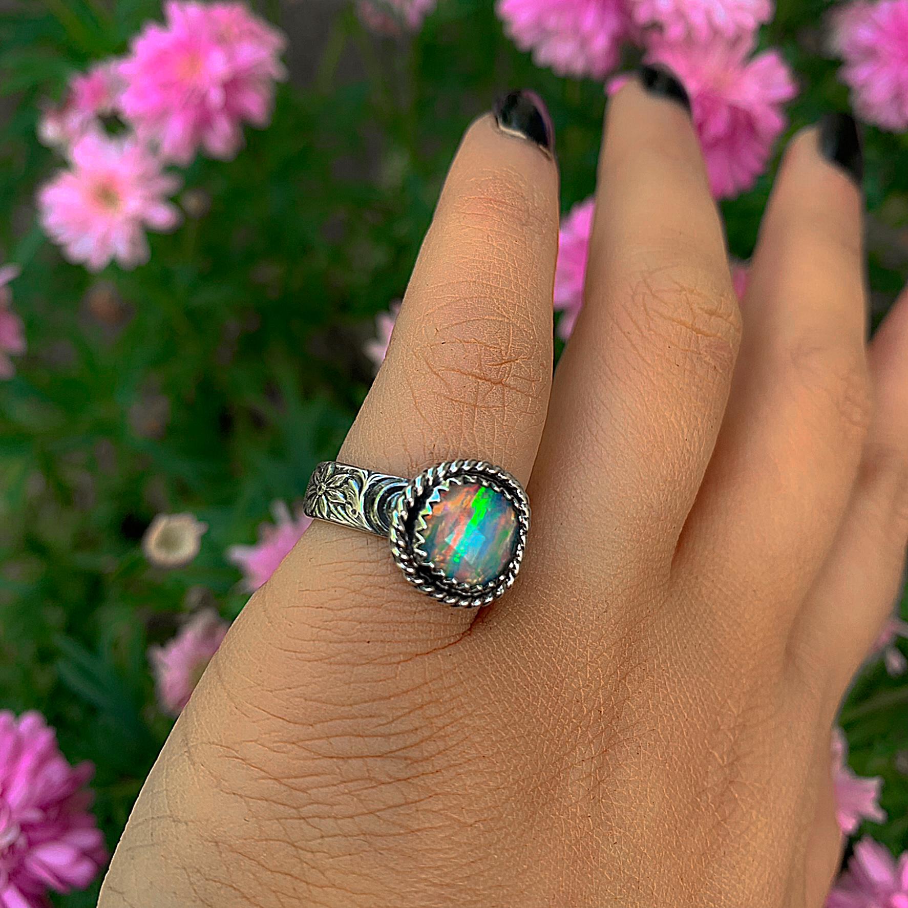 Rose Cut Clear Quartz & Aurora Opal Ring - Size 5 1/4 - Sterling Silver - Rainbow Opal Jewellery - Thick Floral Ring Band Rainbow Crystal