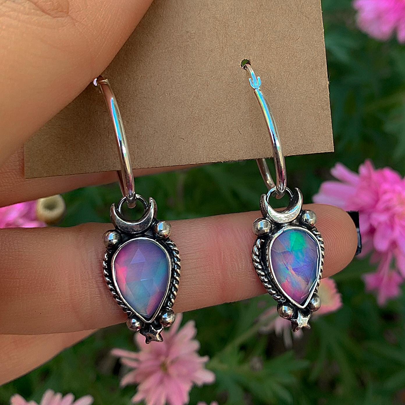 Rose Cut Clear Quartz with Aurora Opal Earrings - Sterling Silver, Pastel Rainbow Opal Crescent Moon Earrings, Rainbow Crystal Stone Dangles