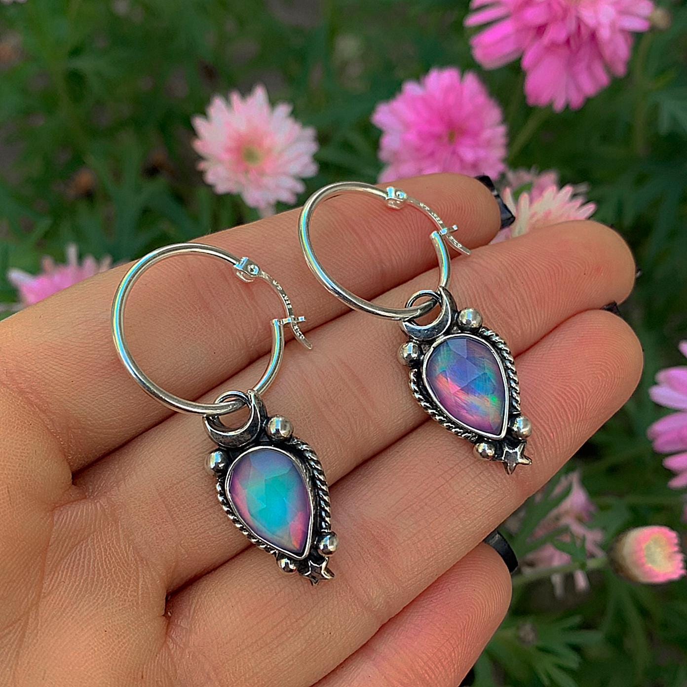 Rose Cut Clear Quartz with Aurora Opal Earrings - Sterling Silver, Pastel Rainbow Opal Crescent Moon Earrings, Rainbow Crystal Stone Dangles