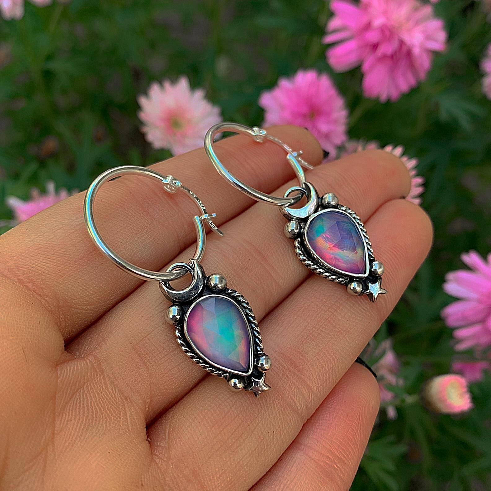Rose Cut Clear Quartz with Aurora Opal Earrings - Sterling Silver, Pastel Rainbow Opal Crescent Moon Earrings, Rainbow Crystal Stone Dangles