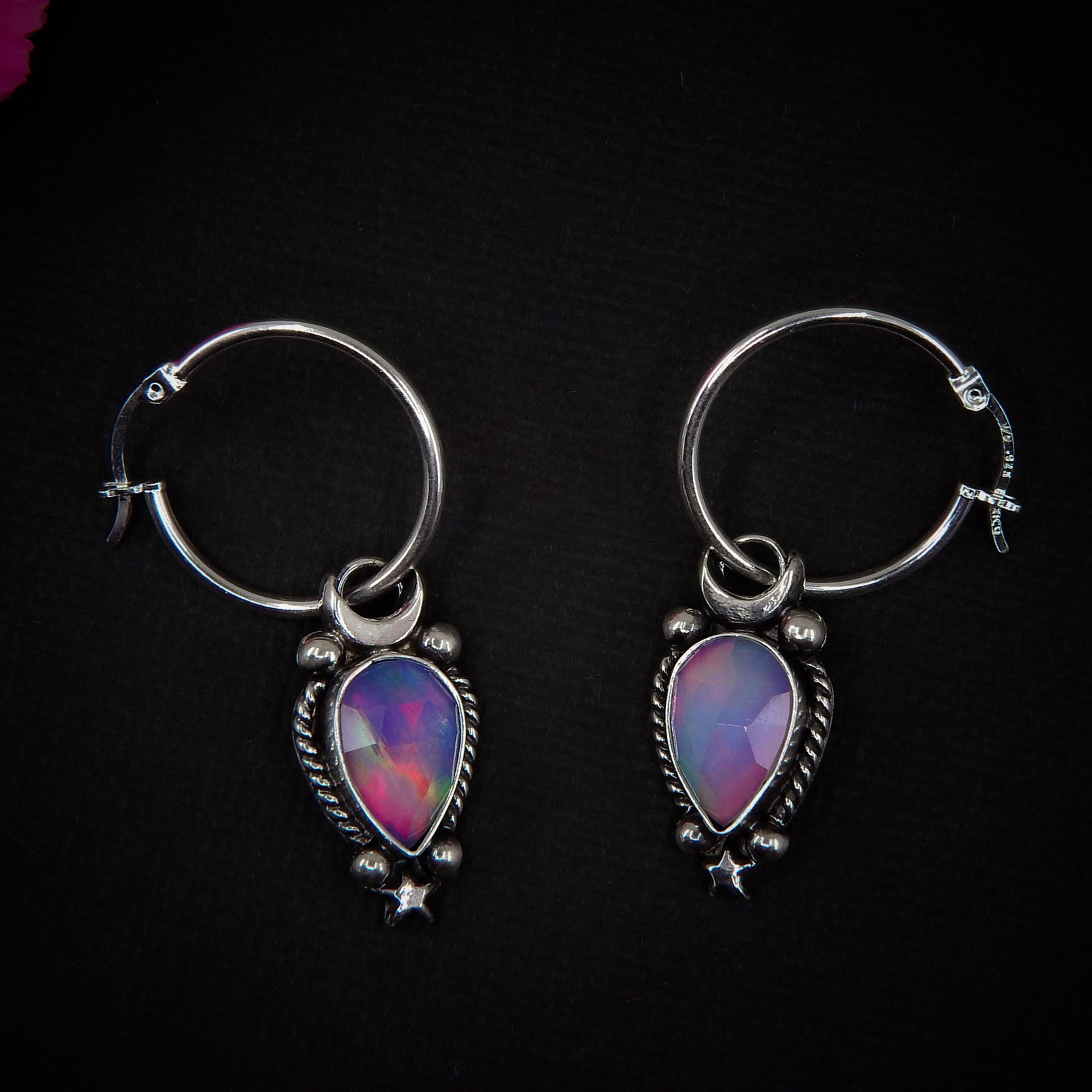 Rose Cut Clear Quartz with Aurora Opal Earrings - Sterling Silver, Pastel Rainbow Opal Crescent Moon Earrings, Rainbow Crystal Stone Dangles