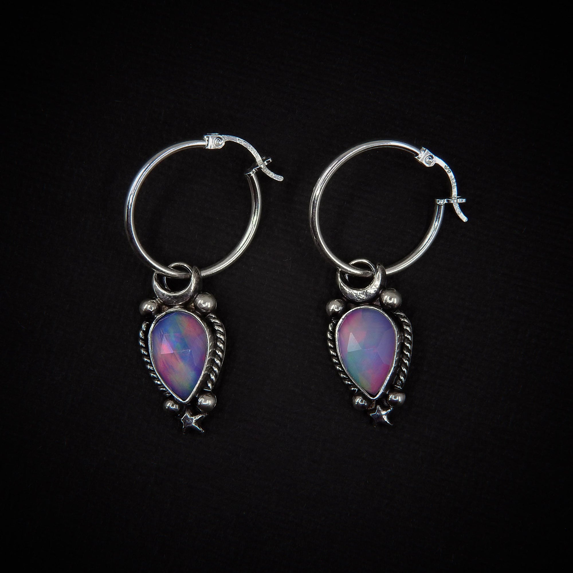 Rose Cut Clear Quartz with Aurora Opal Earrings - Sterling Silver, Pastel Rainbow Opal Crescent Moon Earrings, Rainbow Crystal Stone Dangles