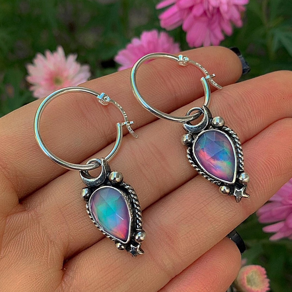 Rose Cut Clear Quartz with Aurora Opal Earrings - Sterling Silver, Pastel Rainbow Opal Crescent Moon Earrings, Rainbow Crystal Stone Dangles