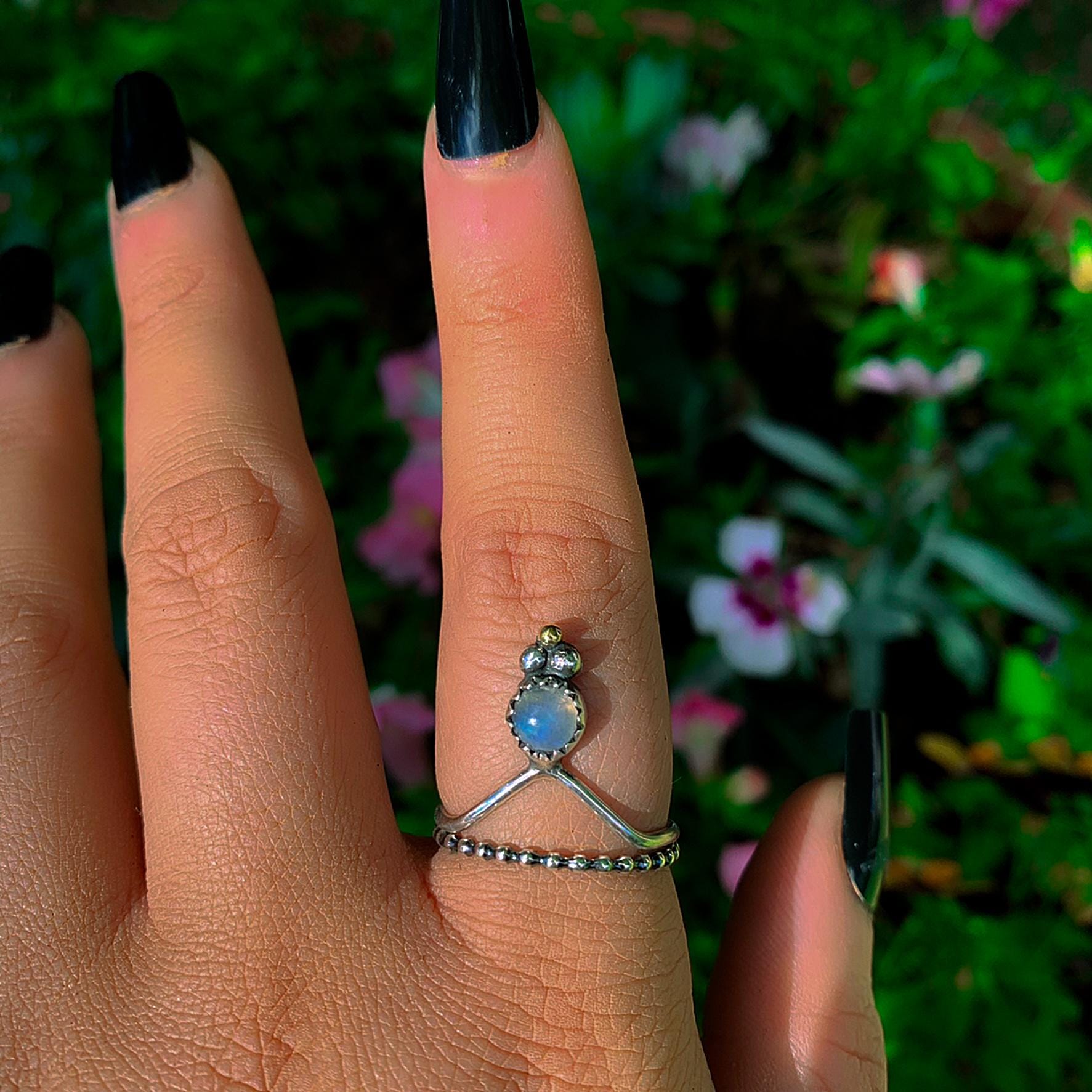 Moonstone Ring Stack - Size 8 1/4 - Sterling Silver - Dainty Moonstone Ring Set - Blue Moonstone - Rainbow Moonstone Jewelry - Wishbone Ring
