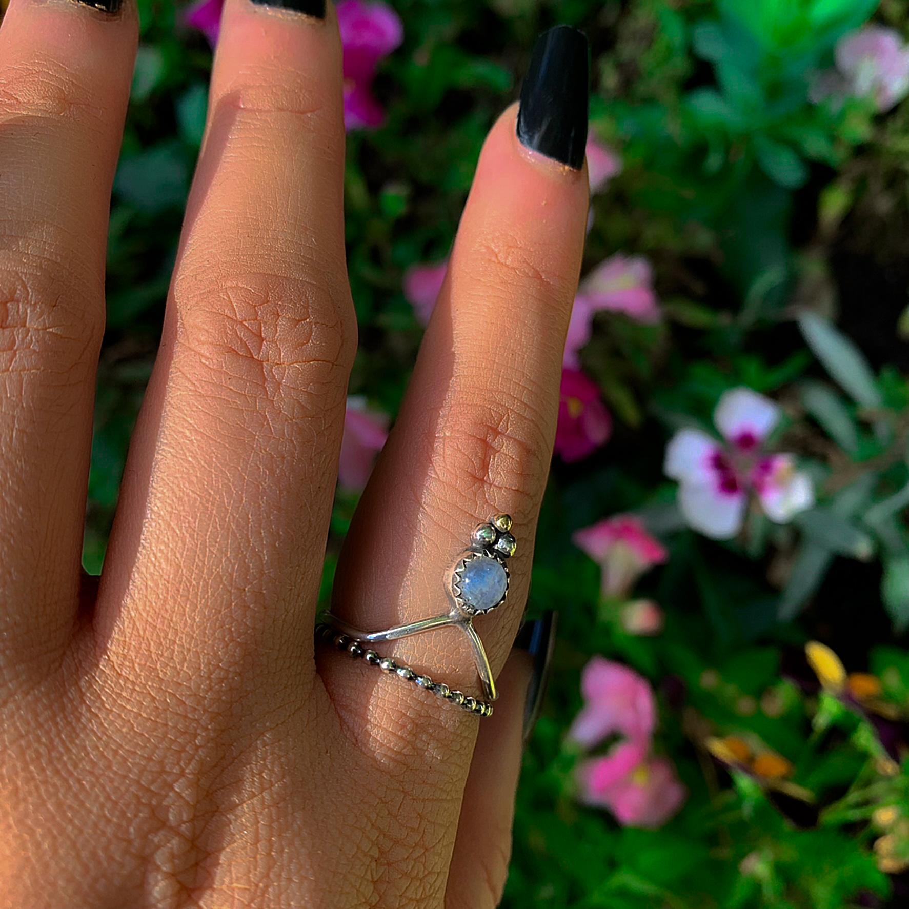 Moonstone Ring Stack - Size 8 1/4 - Sterling Silver - Dainty Moonstone Ring Set - Blue Moonstone - Rainbow Moonstone Jewelry - Wishbone Ring