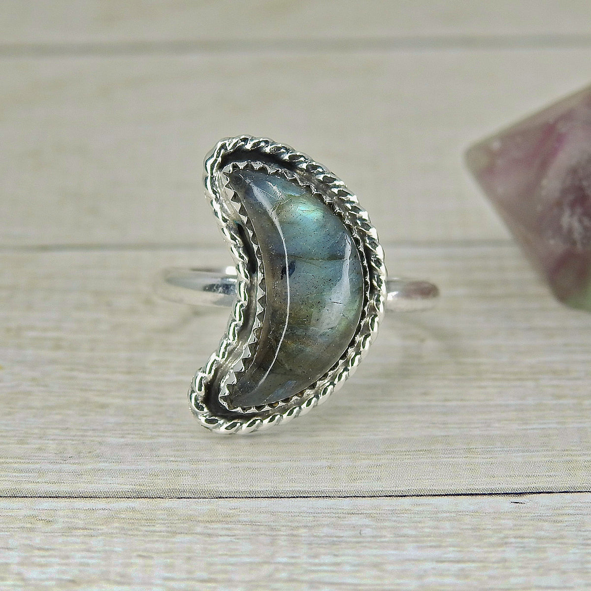 Custom Labradorite Crescent Moon Ring - Made to Order - Gem & Tonik