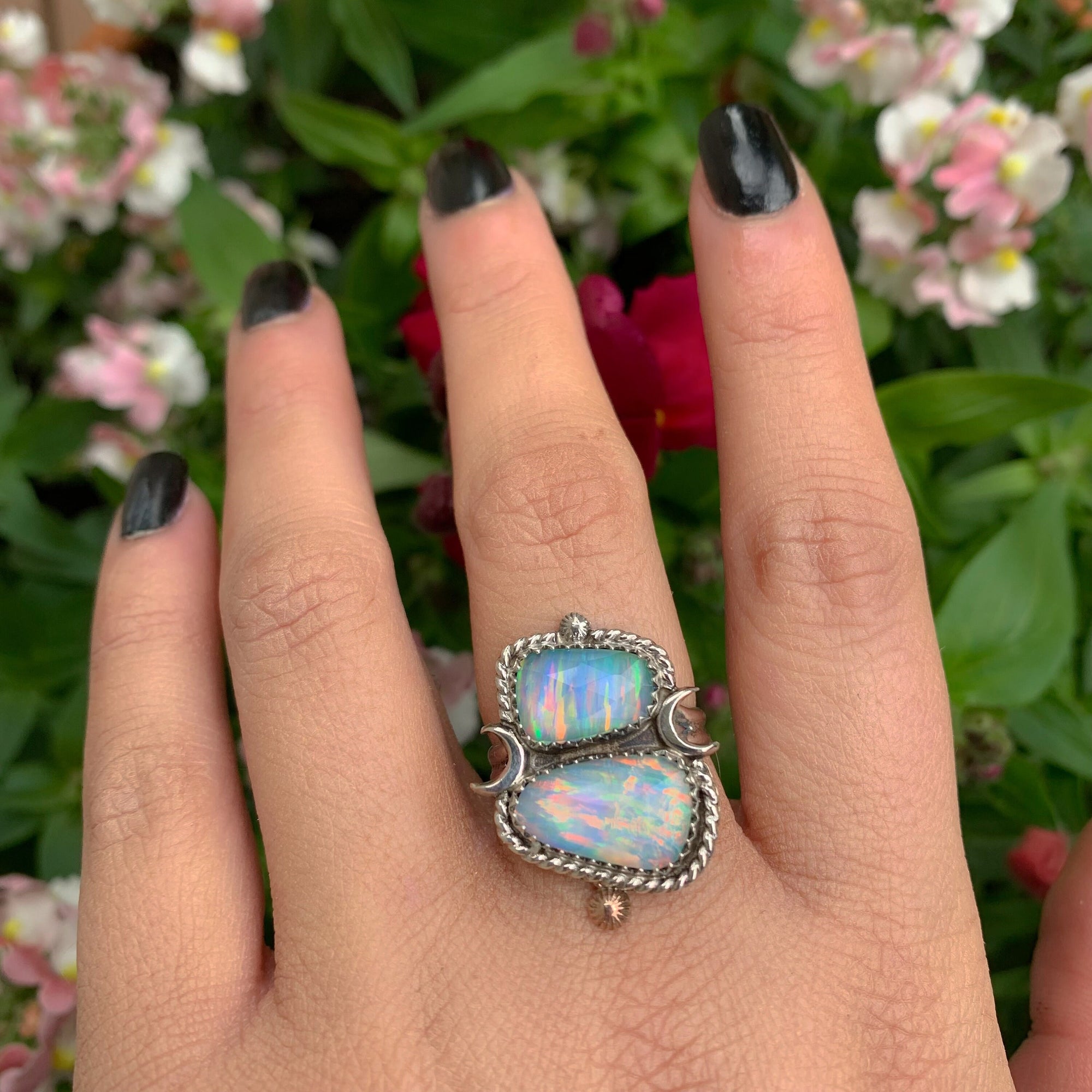 Rose Cut Clear Quartz & Aurora Opal Ring - Size 8