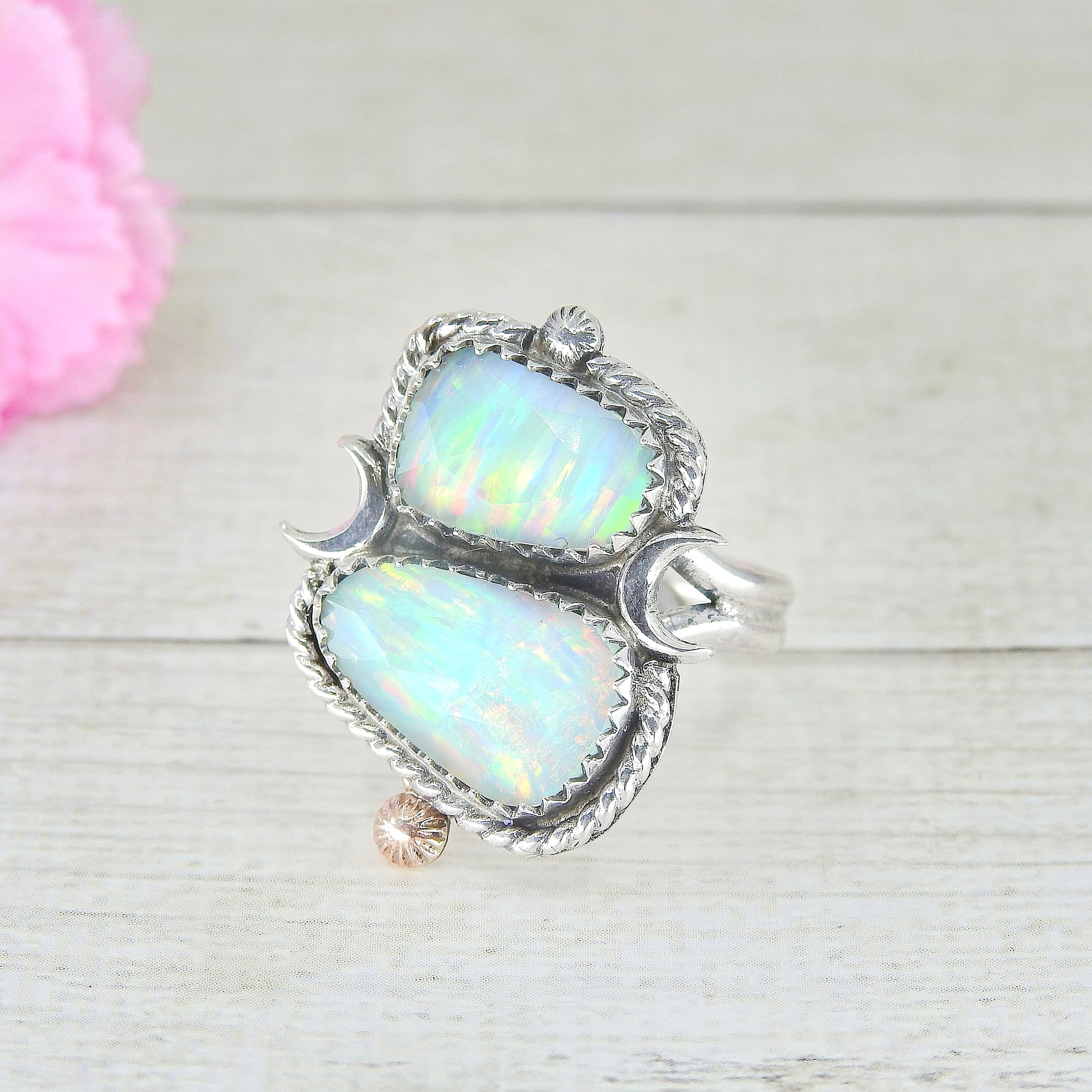 Rose Cut Clear Quartz & Aurora Opal Ring - Size 8