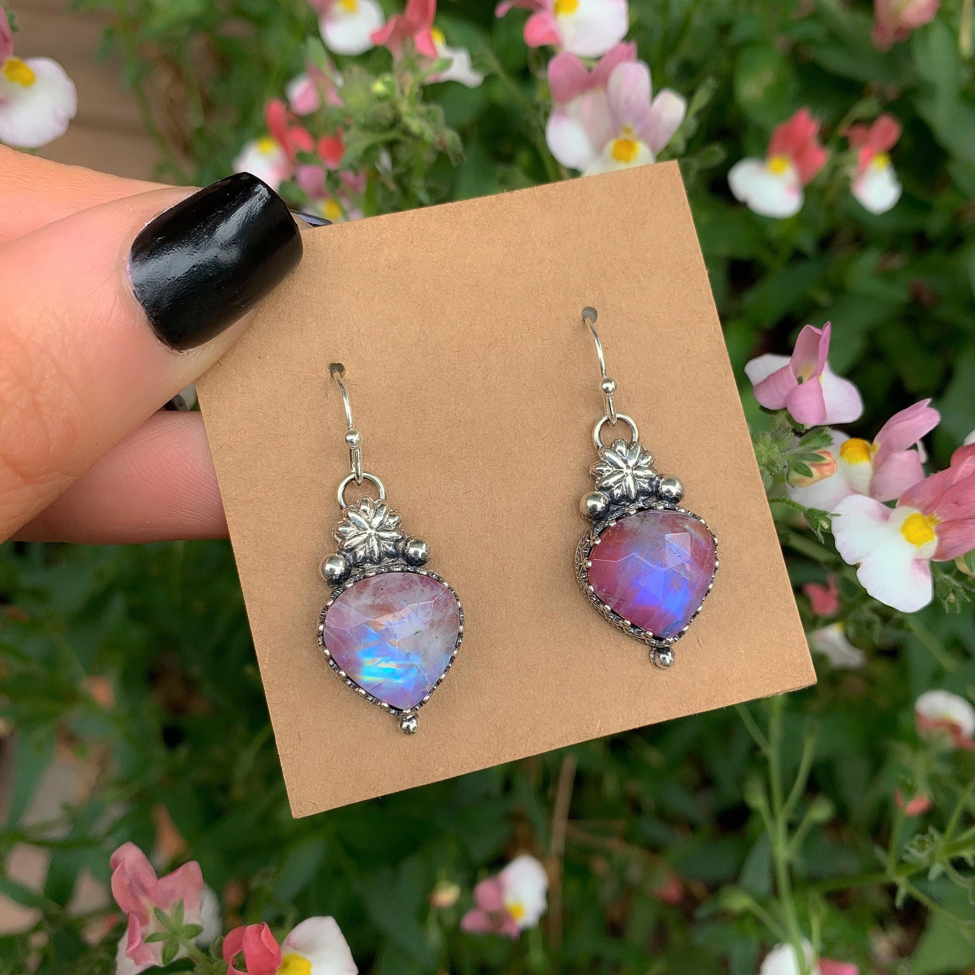 Rose Cut Moonstone & Red Jasper Earrings - Sterling Silver