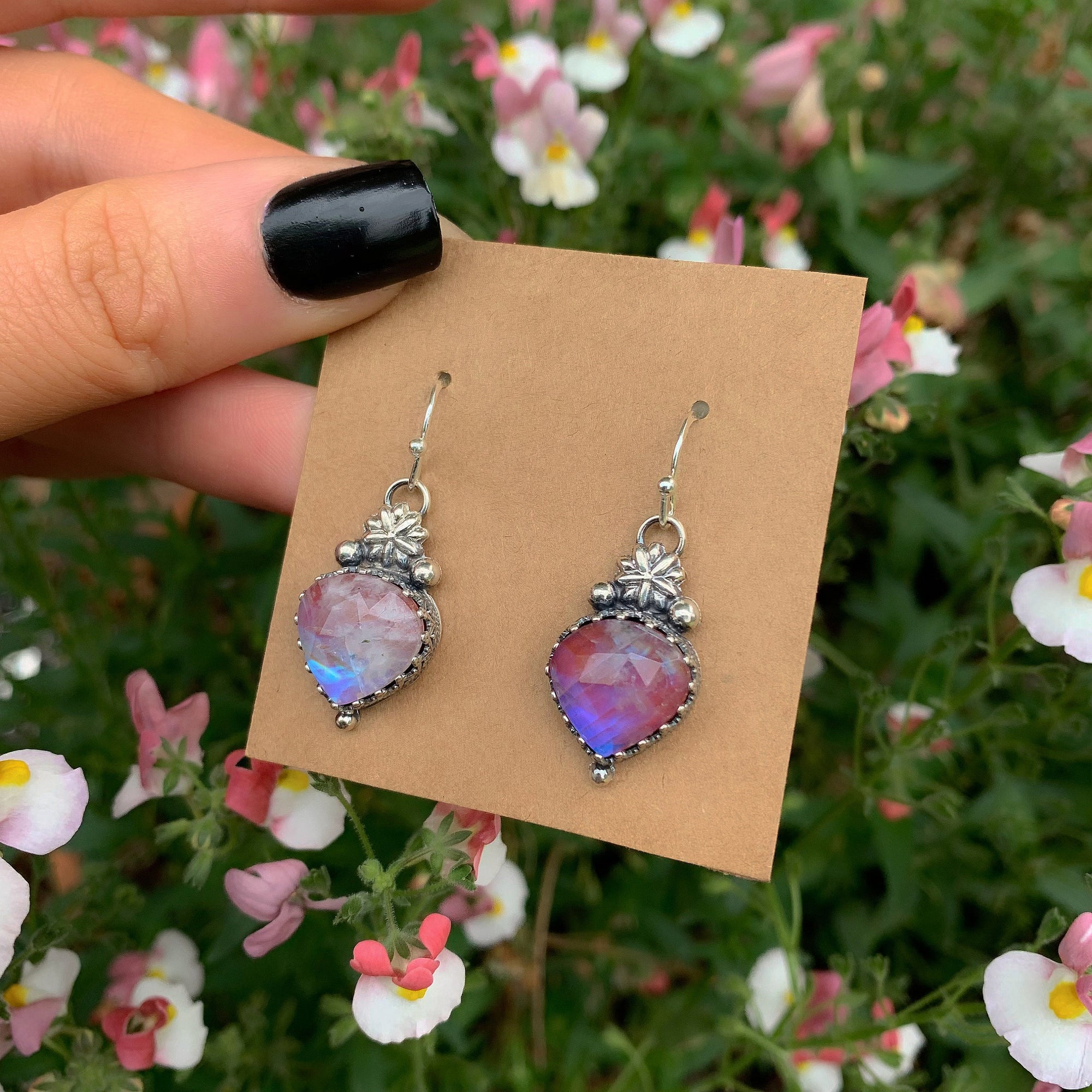 Rose Cut Moonstone & Red Jasper Earrings - Sterling Silver
