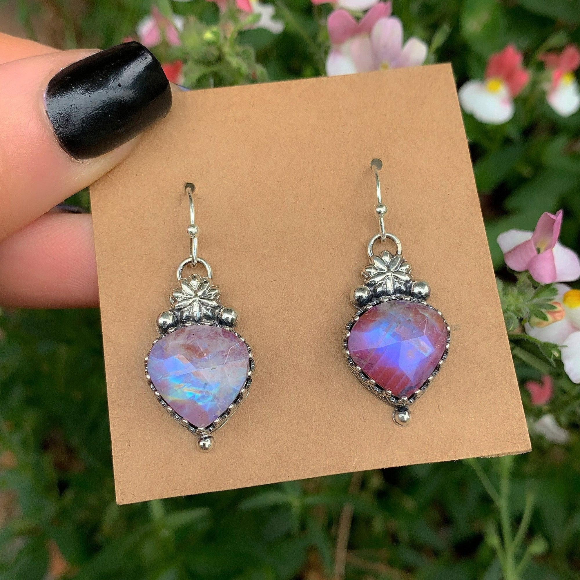 Rose Cut Moonstone & Red Jasper Earrings - Sterling Silver