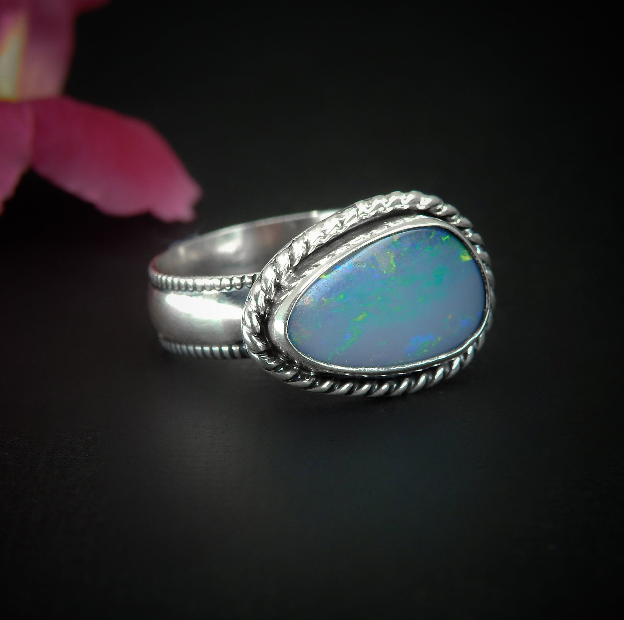 Australian Opal Ring - Size 7 1/2 - Sterling Silver - Lightning Ridge Opal Ring - Rainbow Opal Jewelry - Blue Opal OOAK - Thick Band