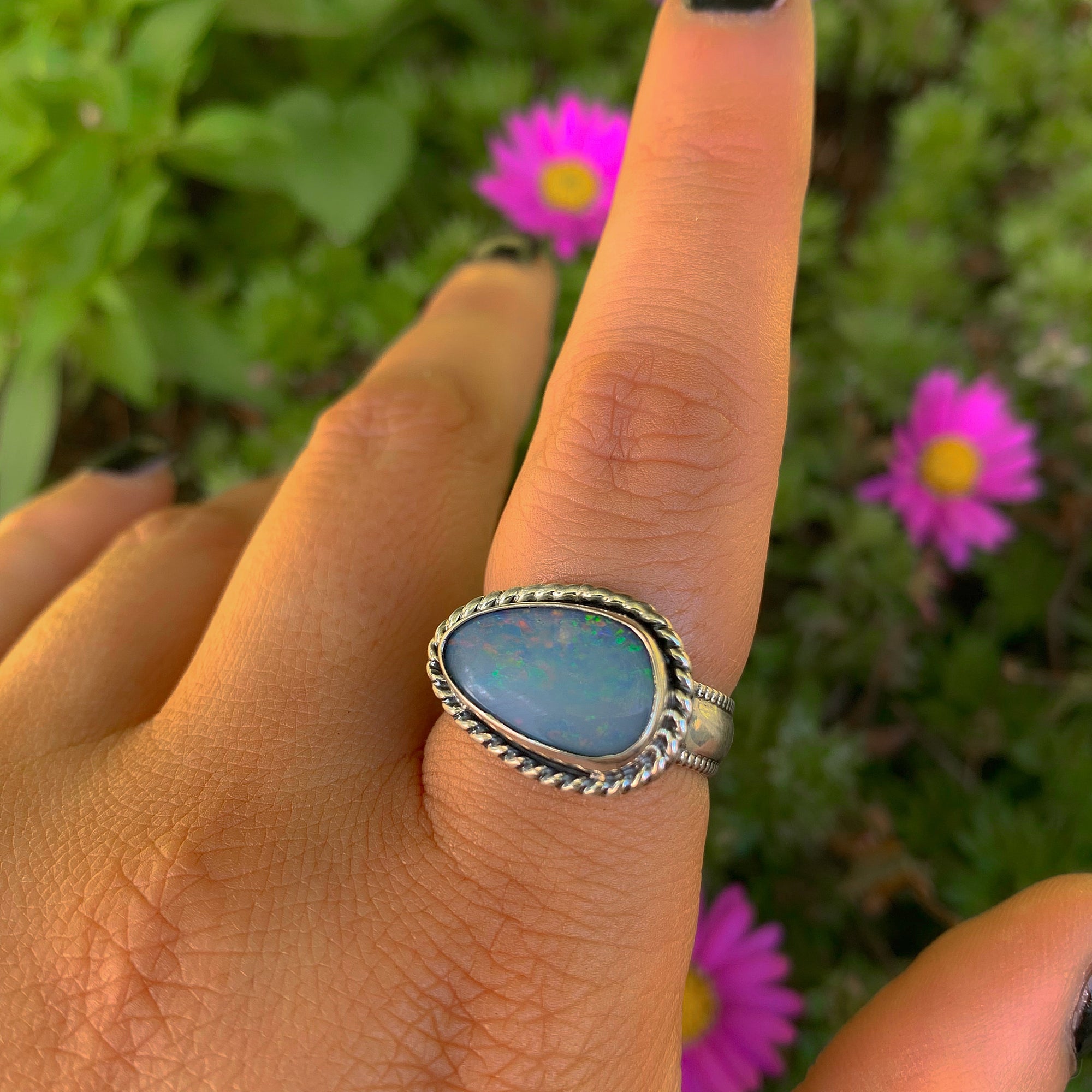 Australian Opal Ring - Size 7 1/2 - Sterling Silver - Lightning Ridge Opal Ring - Rainbow Opal Jewelry - Blue Opal OOAK - Thick Band