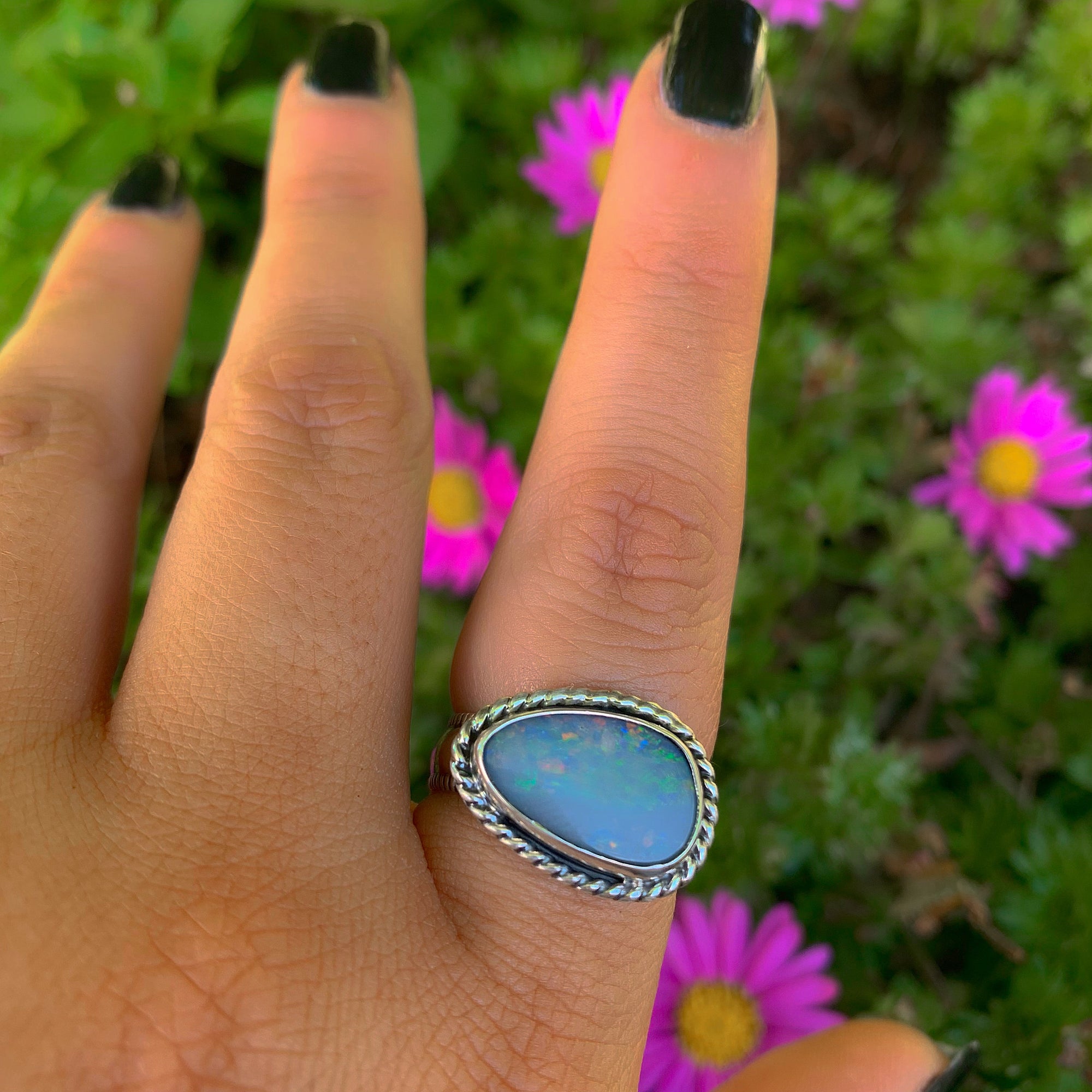 Australian Opal Ring - Size 7 1/2 - Sterling Silver - Lightning Ridge Opal Ring - Rainbow Opal Jewelry - Blue Opal OOAK - Thick Band