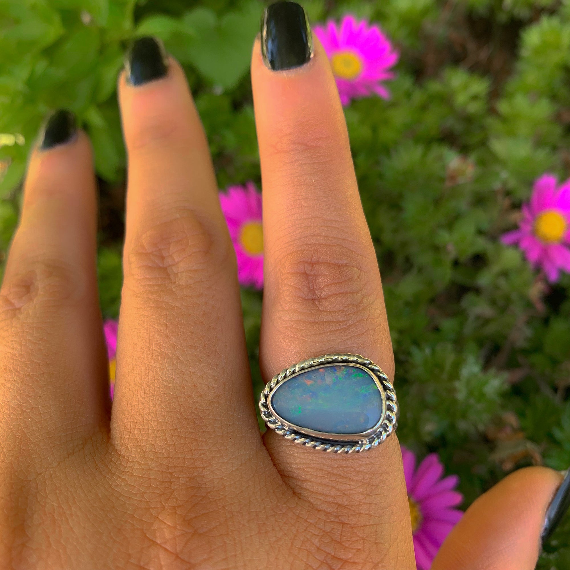 Australian Opal Ring - Size 7 1/2 - Sterling Silver - Lightning Ridge Opal Ring - Rainbow Opal Jewelry - Blue Opal OOAK - Thick Band