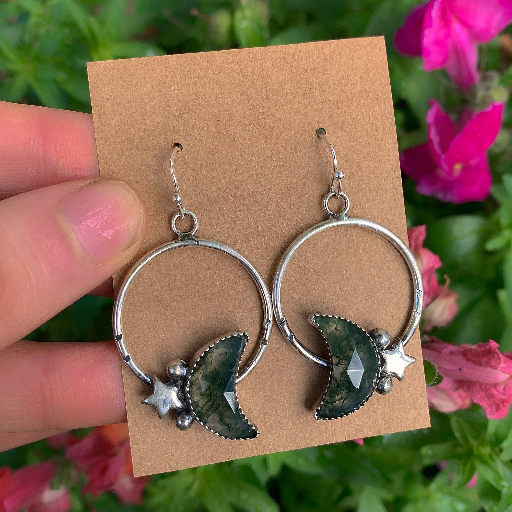 Moss Agate Moon Earrings