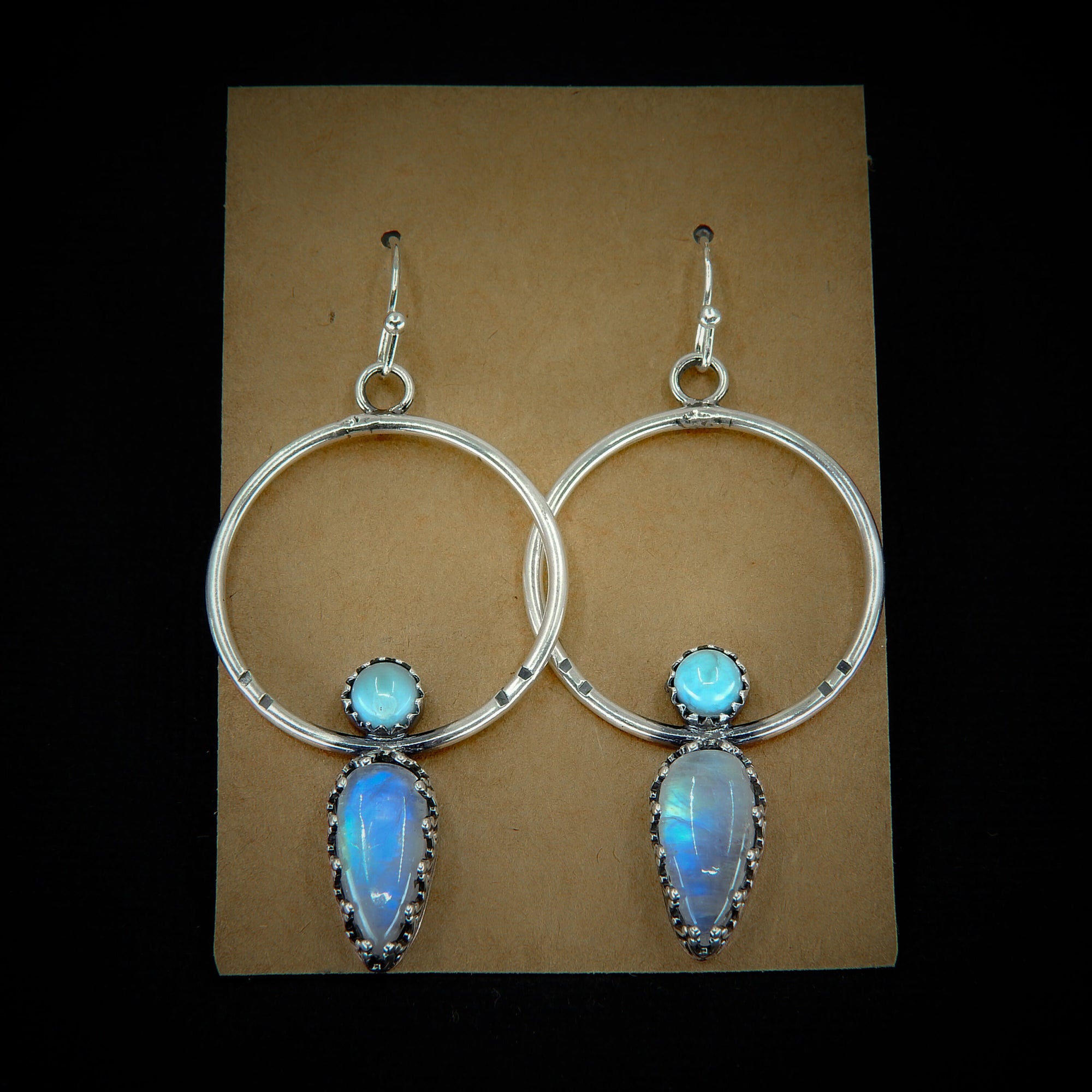 Larimar & Moonstone Earrings - Sterling Silver - Blue Larimar Earrings - Hoop Earrings - Rainbow Moonstone Hoops - Larimar Dangles OOAK