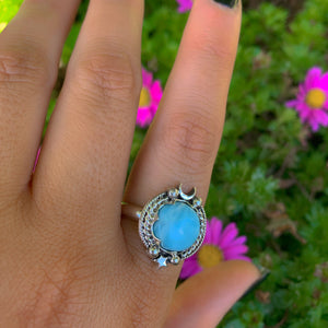 Larimar Ring - Size 9 to 9 1/4 - Sterling Silver - Blue Larimar Ring - Round Larimar Ring - Larimar Jewelry - Handcrafted Larimar Moon Ring