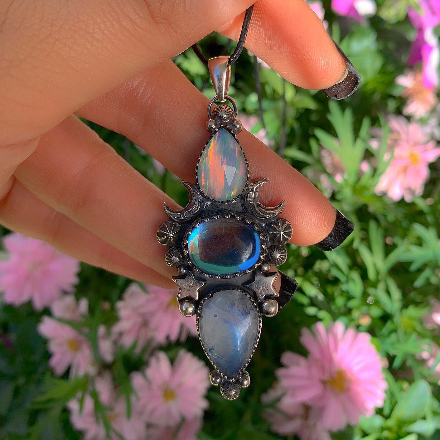 Rose Cut Clear Quartz with Aurora Opal, Angel Aura Quartz & Moonstone Pendant - Sterling Silver, Triple Stone Moon Pendant - Star Necklace