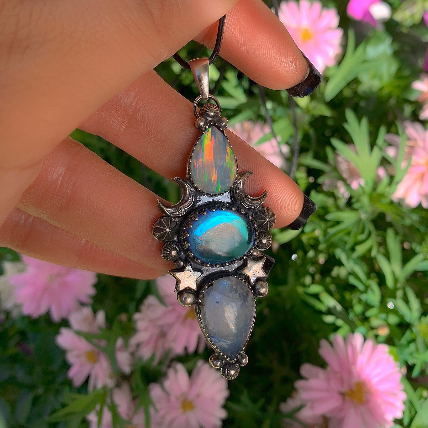 Rose Cut Clear Quartz with Aurora Opal, Angel Aura Quartz & Moonstone Pendant - Sterling Silver, Triple Stone Moon Pendant - Star Necklace