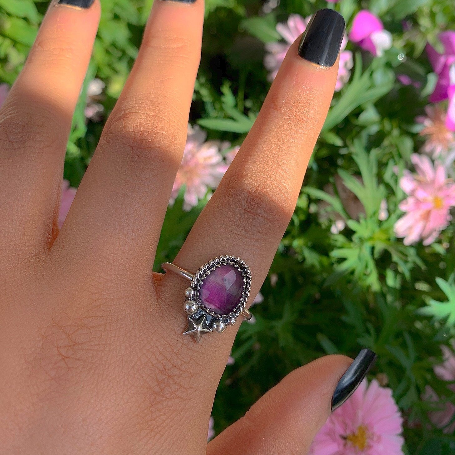Rose Cut Fluorite Ring - Size 10 to 10 1/4 - Sterling Silver - Faceted Fluorite Jewelry - Purple Fluorite Star Ring - OOAK Dainty Flurorite