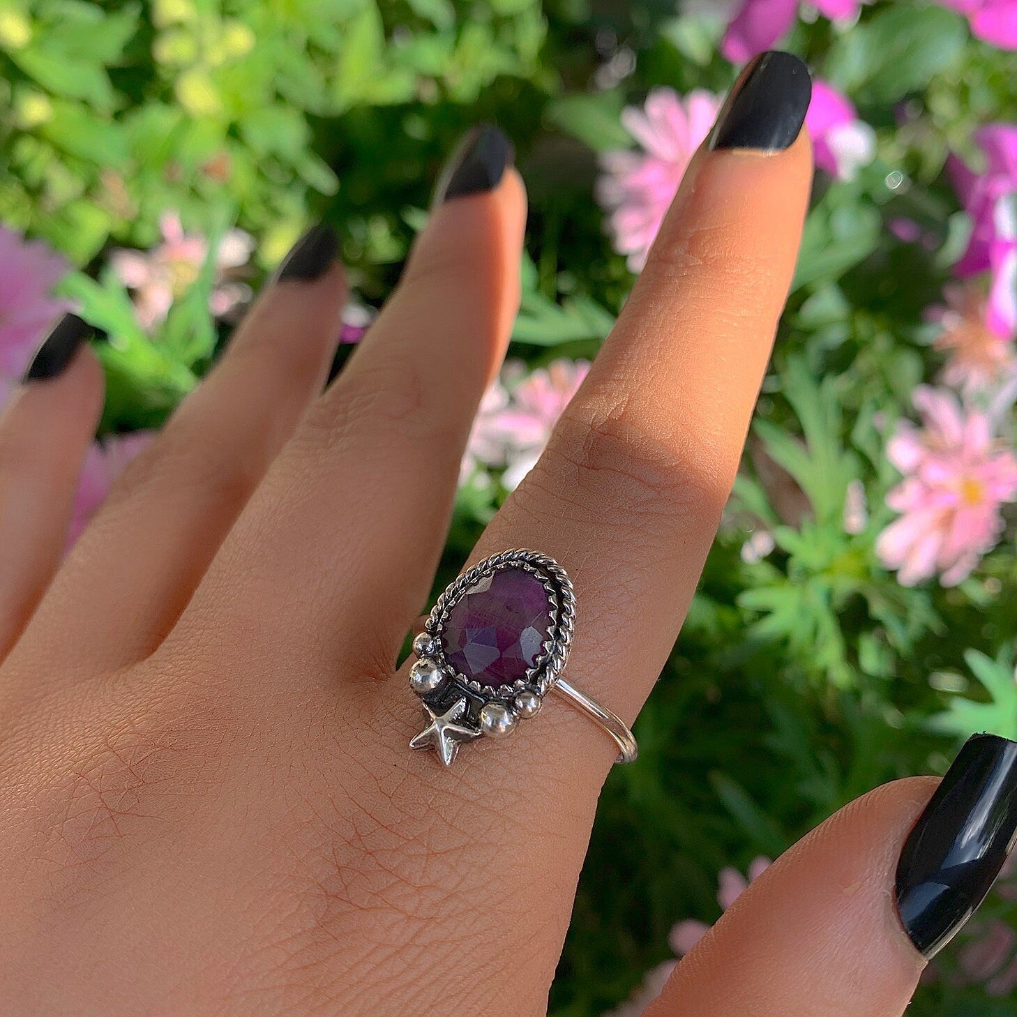 Rose Cut Fluorite Ring - Size 10 to 10 1/4 - Sterling Silver - Faceted Fluorite Jewelry - Purple Fluorite Star Ring - OOAK Dainty Flurorite