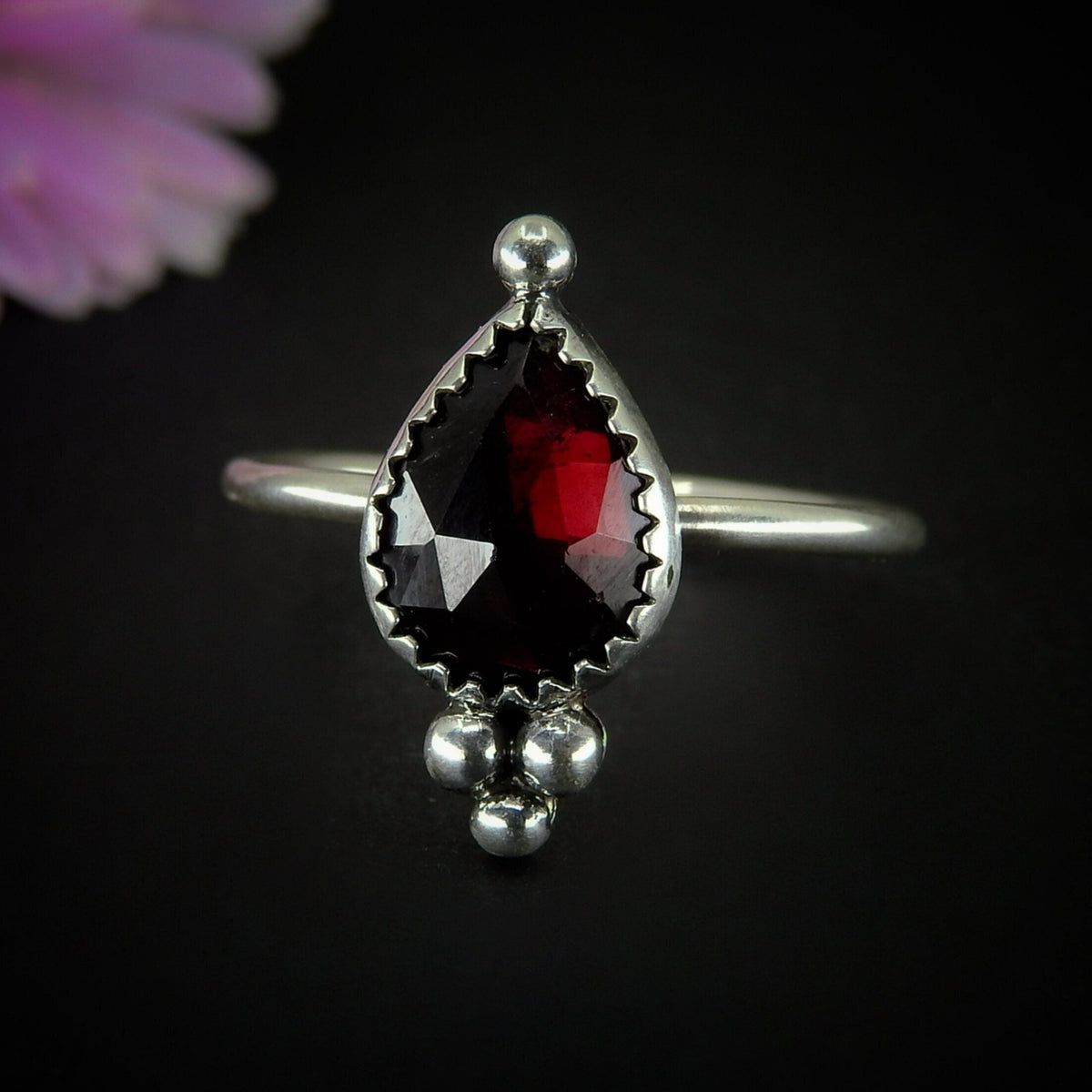 Rose Cut Rhodolite Garnet Ring - Size 9 - Sterling Silver - Faceted Garnet Jewelry - Pink Garnet Jewellery - Dainty Garnet Ring - Red Garnet