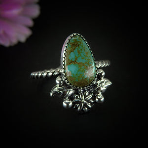 King's Manassa Turquoise Ring - Size 10 - Sterling Silver - Aqua Turquoise Jewelry - Real Turquoise - Green Turquoise Flower Leaf Ring OOAK
