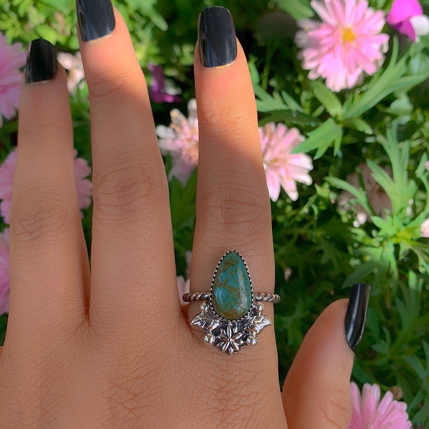 King's Manassa Turquoise Ring - Size 10 - Sterling Silver - Aqua Turquoise Jewelry - Real Turquoise - Green Turquoise Flower Leaf Ring OOAK