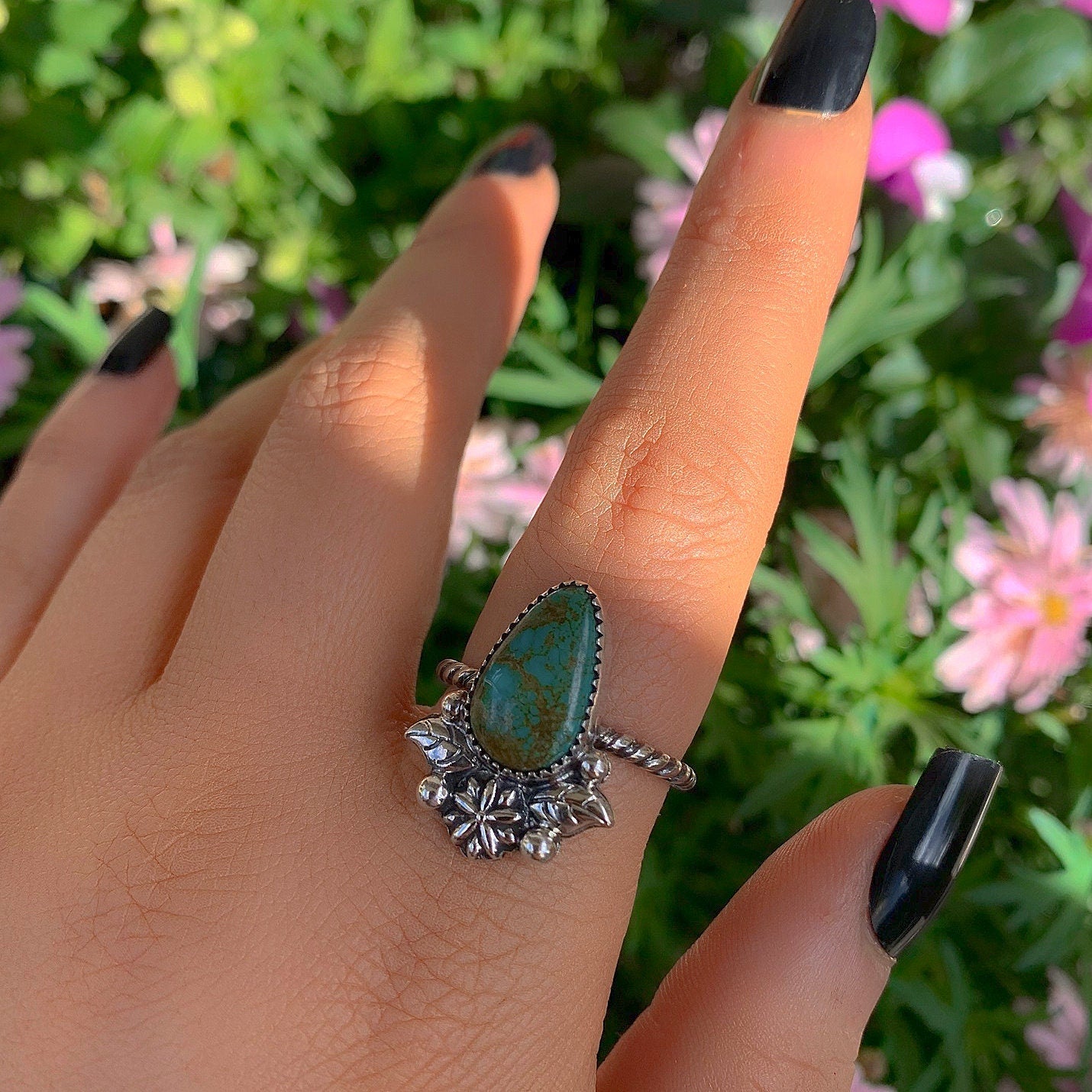 King's Manassa Turquoise Ring - Size 10 - Sterling Silver - Aqua Turquoise Jewelry - Real Turquoise - Green Turquoise Flower Leaf Ring OOAK