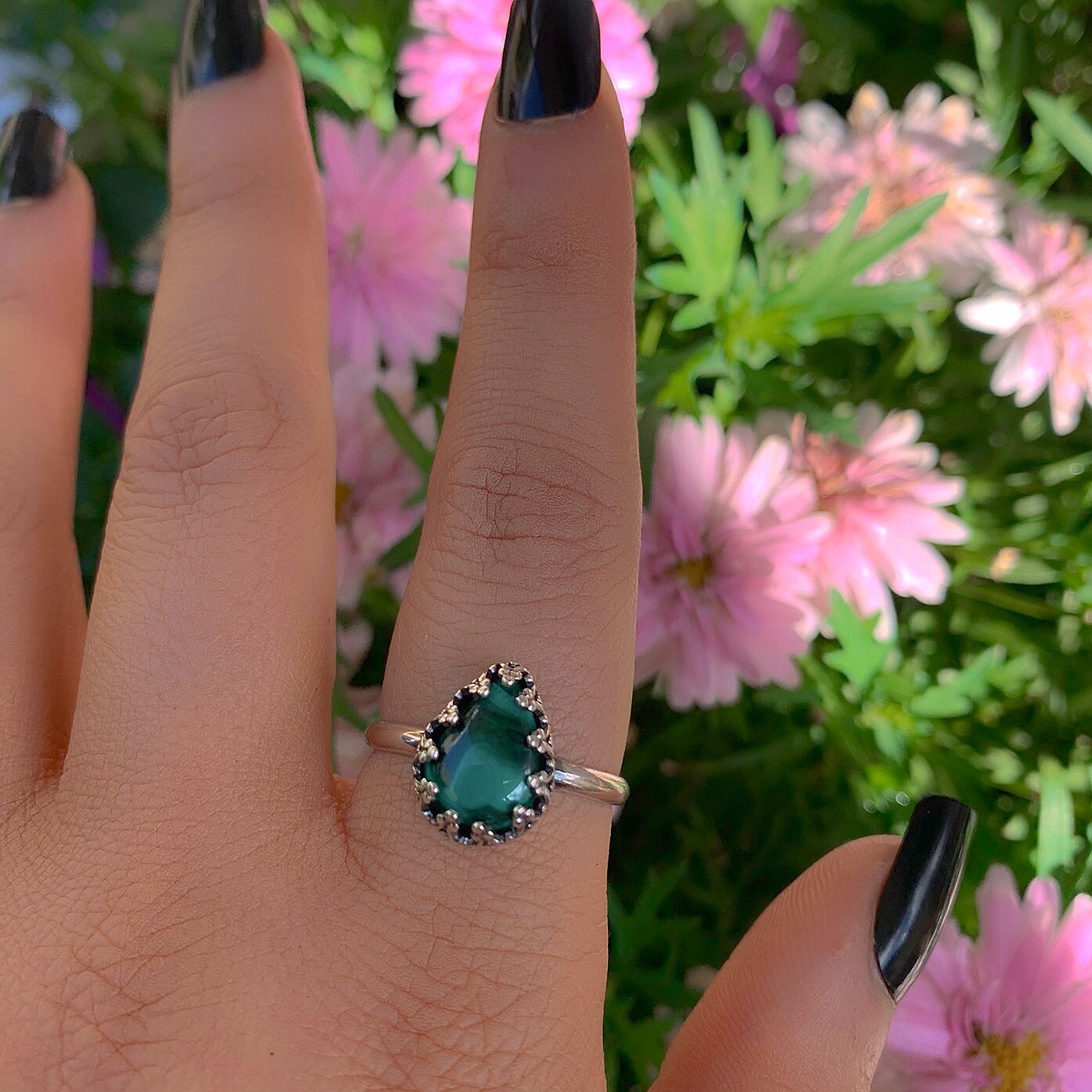 Malachite Ring - Size 9 - Sterling Silver - Dainty Malachite Ring - Teardrop Malachite Jewelry - Unique Gemstone Ring - Green Stone Ring