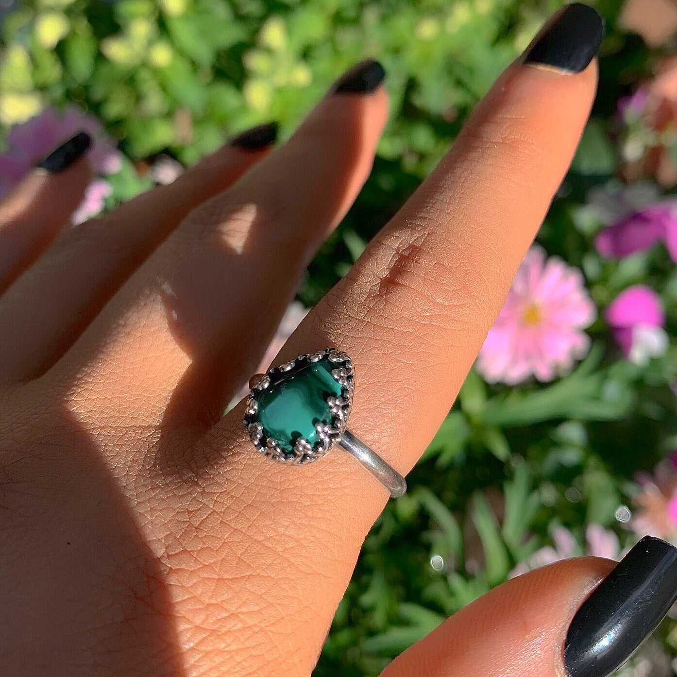Malachite Ring - Size 9 - Sterling Silver - Dainty Malachite Ring - Teardrop Malachite Jewelry - Unique Gemstone Ring - Green Stone Ring