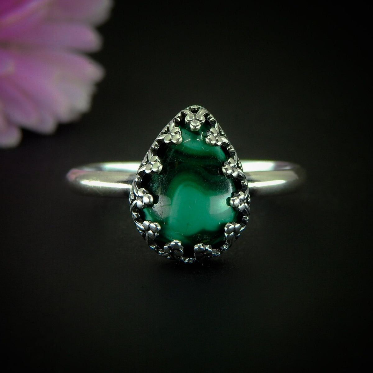 Malachite Ring - Size 9 - Sterling Silver - Dainty Malachite Ring - Teardrop Malachite Jewelry - Unique Gemstone Ring - Green Stone Ring