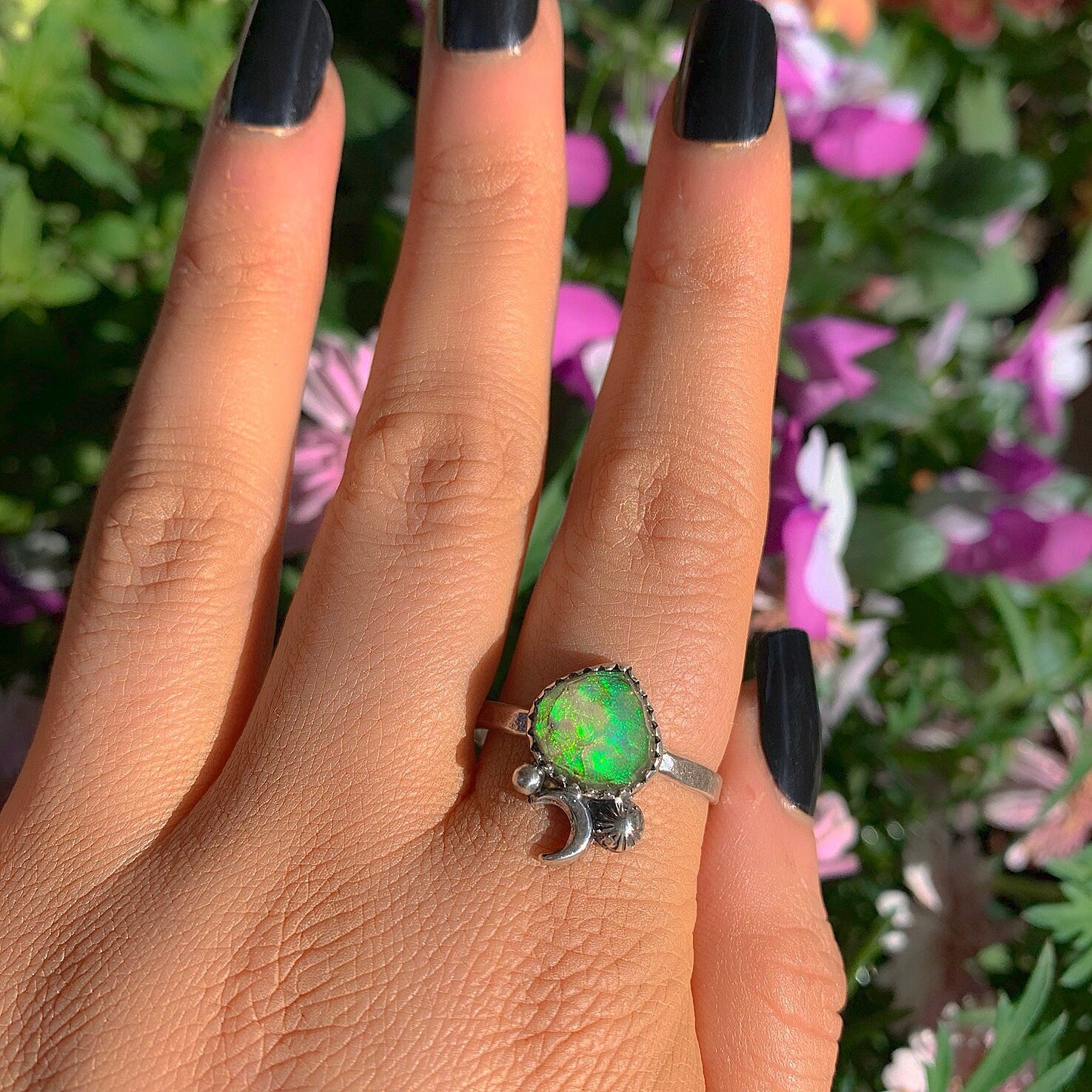Rose Cut Clear Quartz & Monarch Opal Ring - Size 13 1/2 - Sterling Silver - Rainbow Opal Jewellery - Sterling Opal Crescent Moon Ring - OOAK