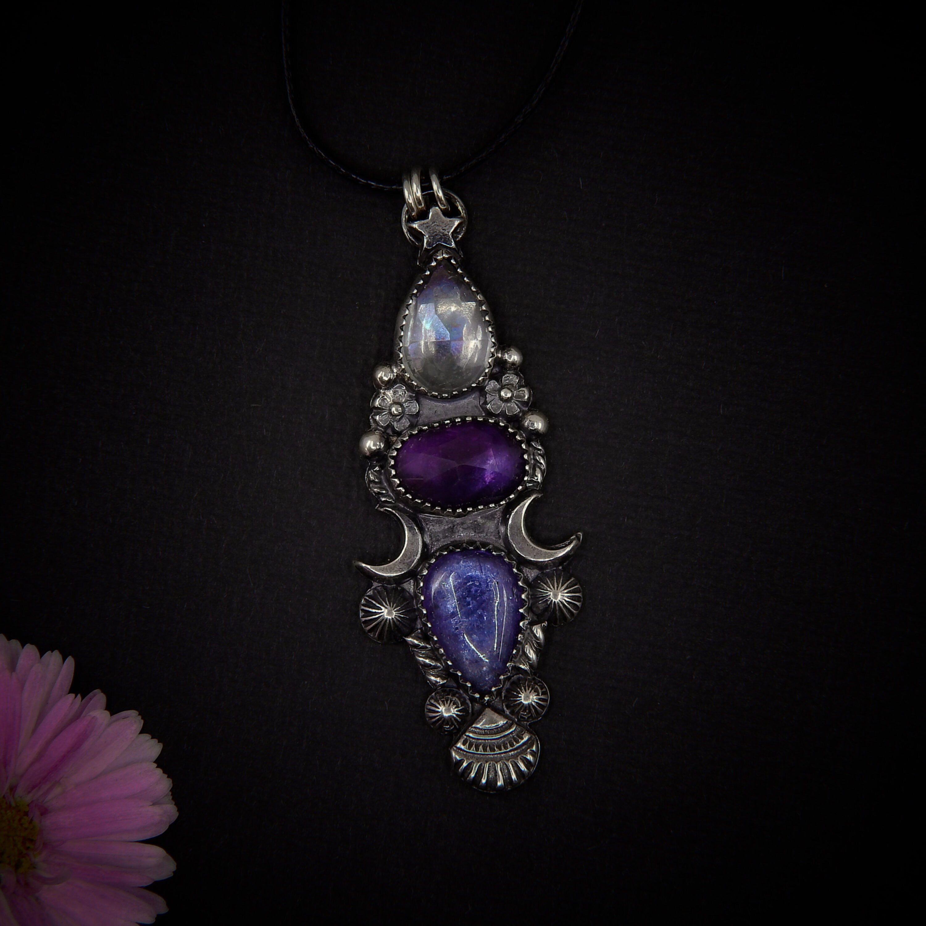 Rose Cut Angel Aura Quartz, Amethyst and Tanzanite Pendant - Sterling Silver - Triple Stone Moon Pendant - Star Tanzanite Amethyst Necklace