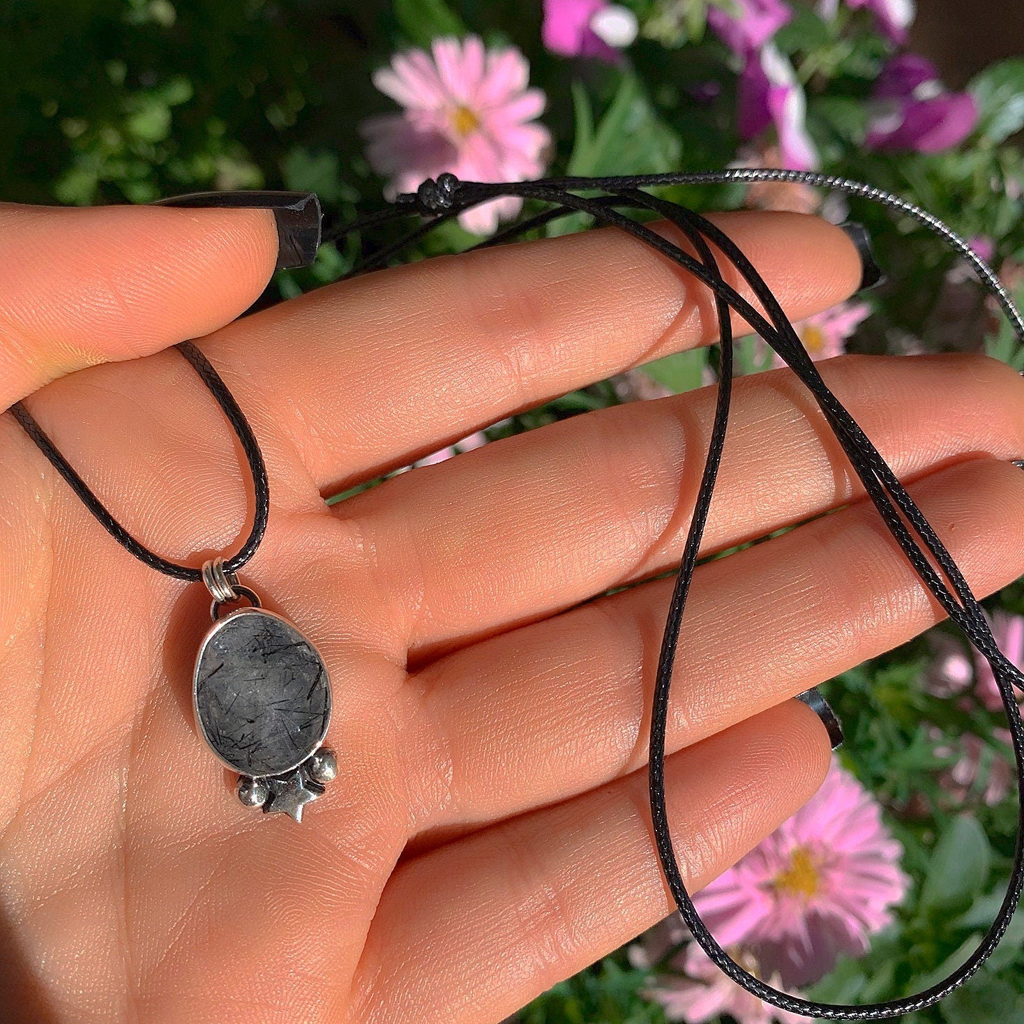 Rose Cut Black Rutilated Quartz Star Pendant - Sterling Silver - Faceted Rutilated Quartz Pendant - Dainty Needle Quartz Celestial Necklace