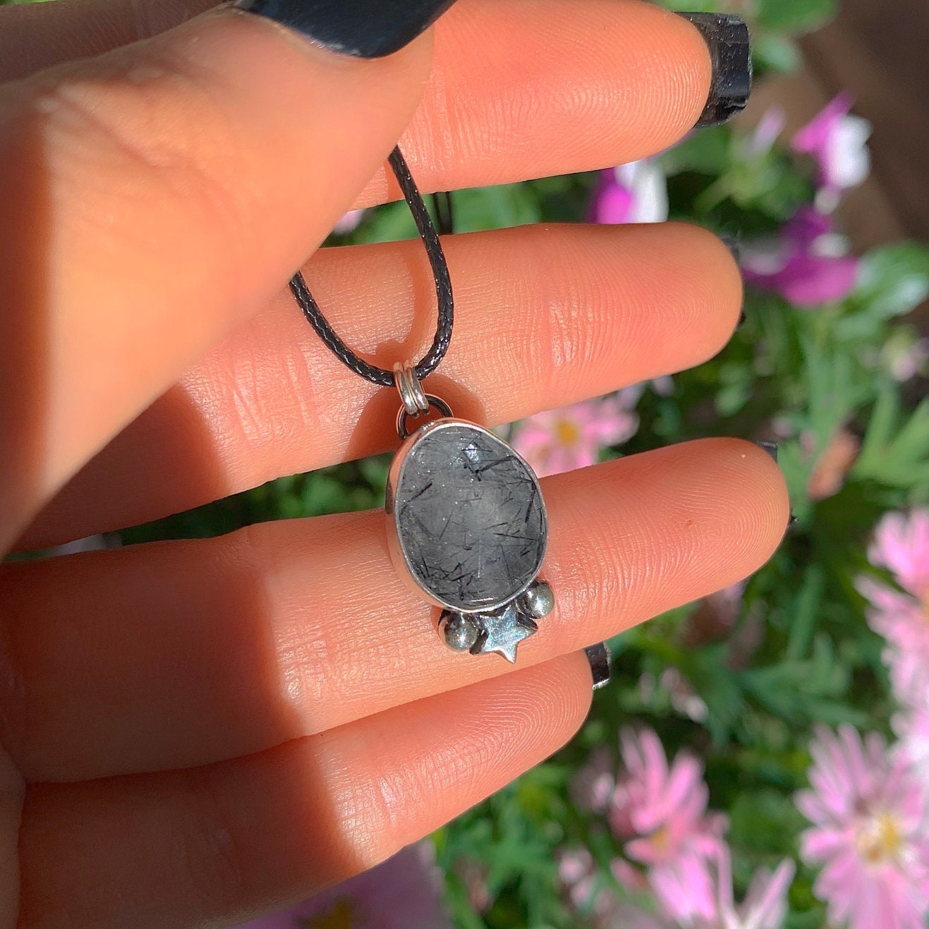 Rose Cut Black Rutilated Quartz Star Pendant - Sterling Silver - Faceted Rutilated Quartz Pendant - Dainty Needle Quartz Celestial Necklace