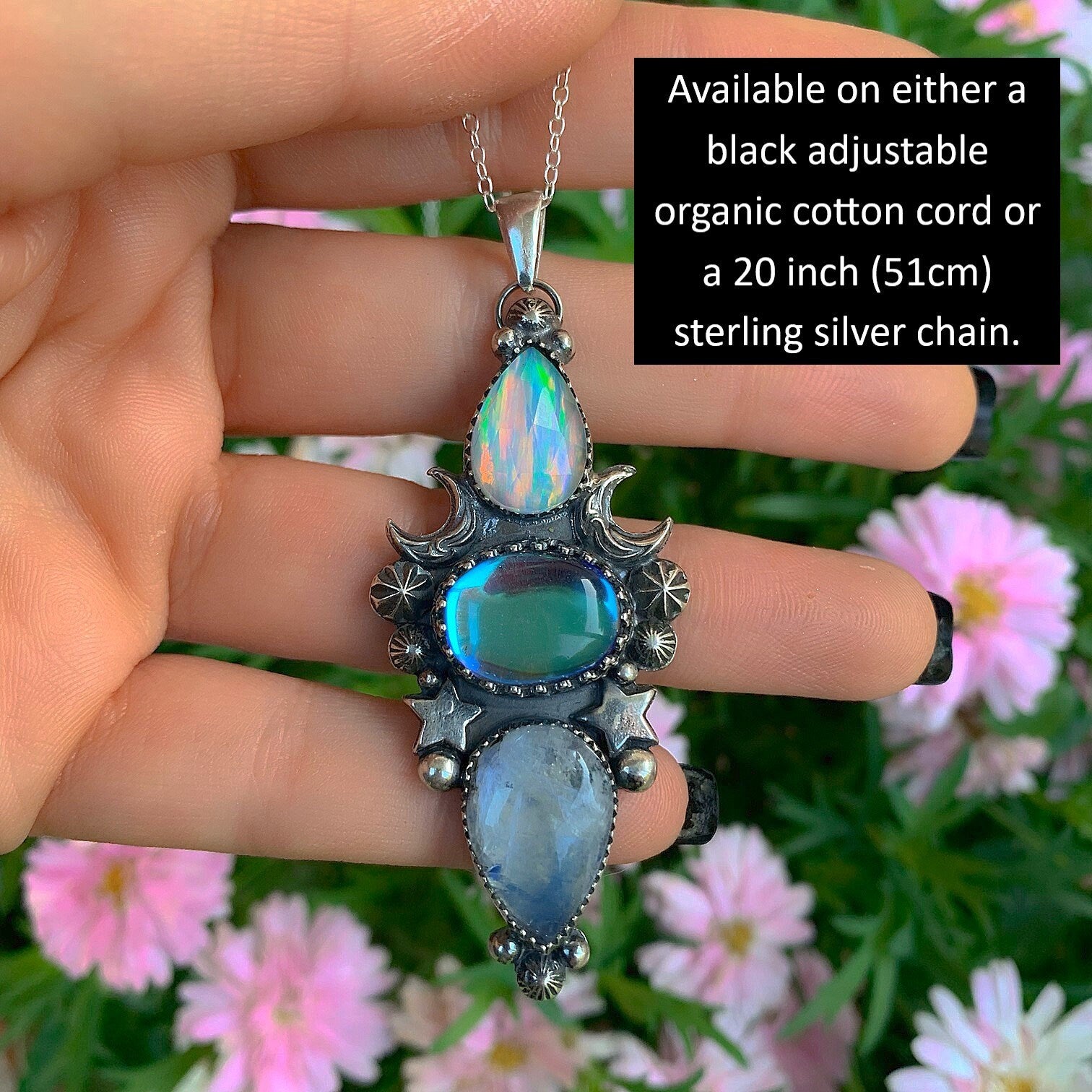 Rose Cut Clear Quartz with Aurora Opal, Angel Aura Quartz & Moonstone Pendant - Sterling Silver, Triple Stone Moon Pendant - Star Necklace